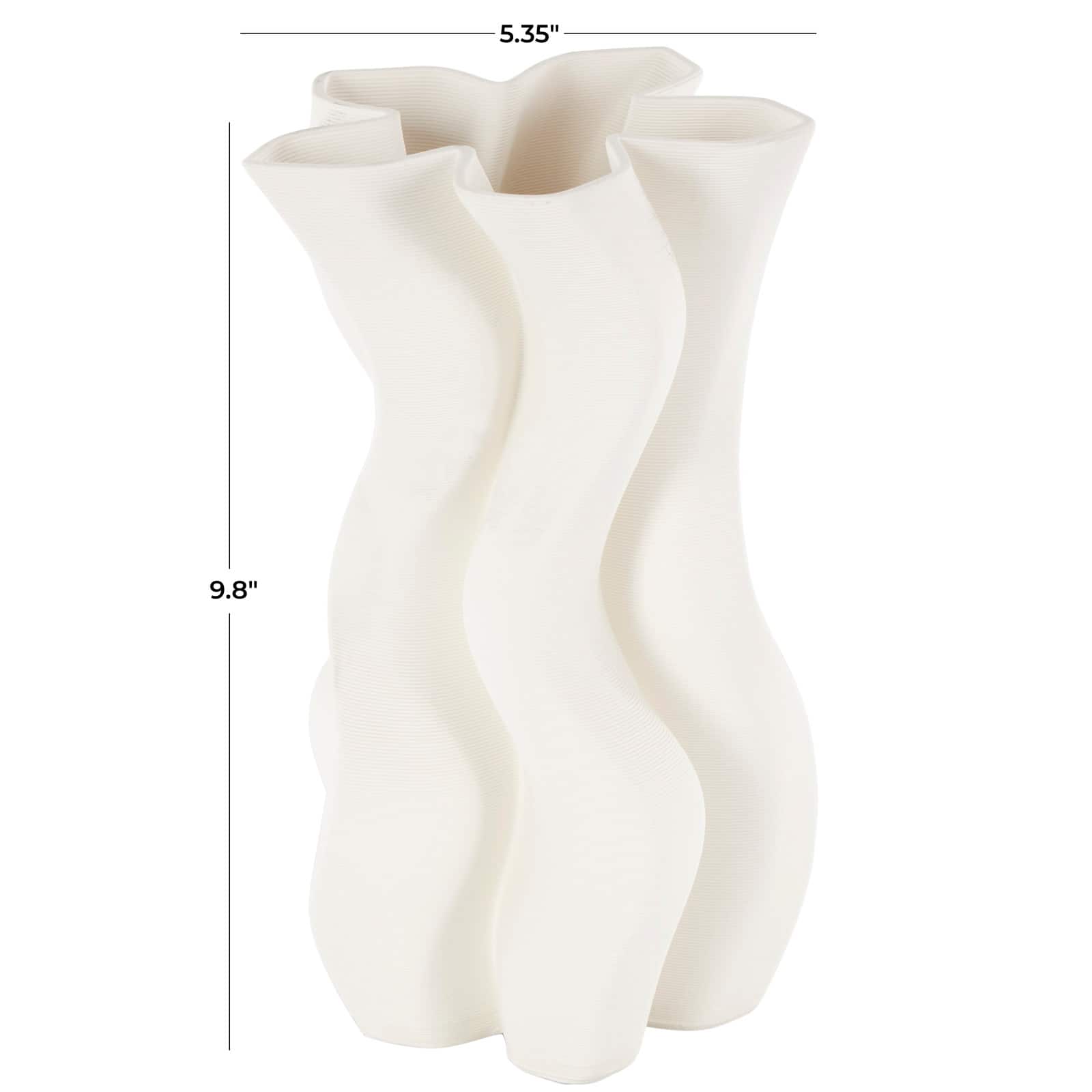 White Ceramic Abstract Ribbed Dimensional Wavy Vase with Floral Shaped Rim