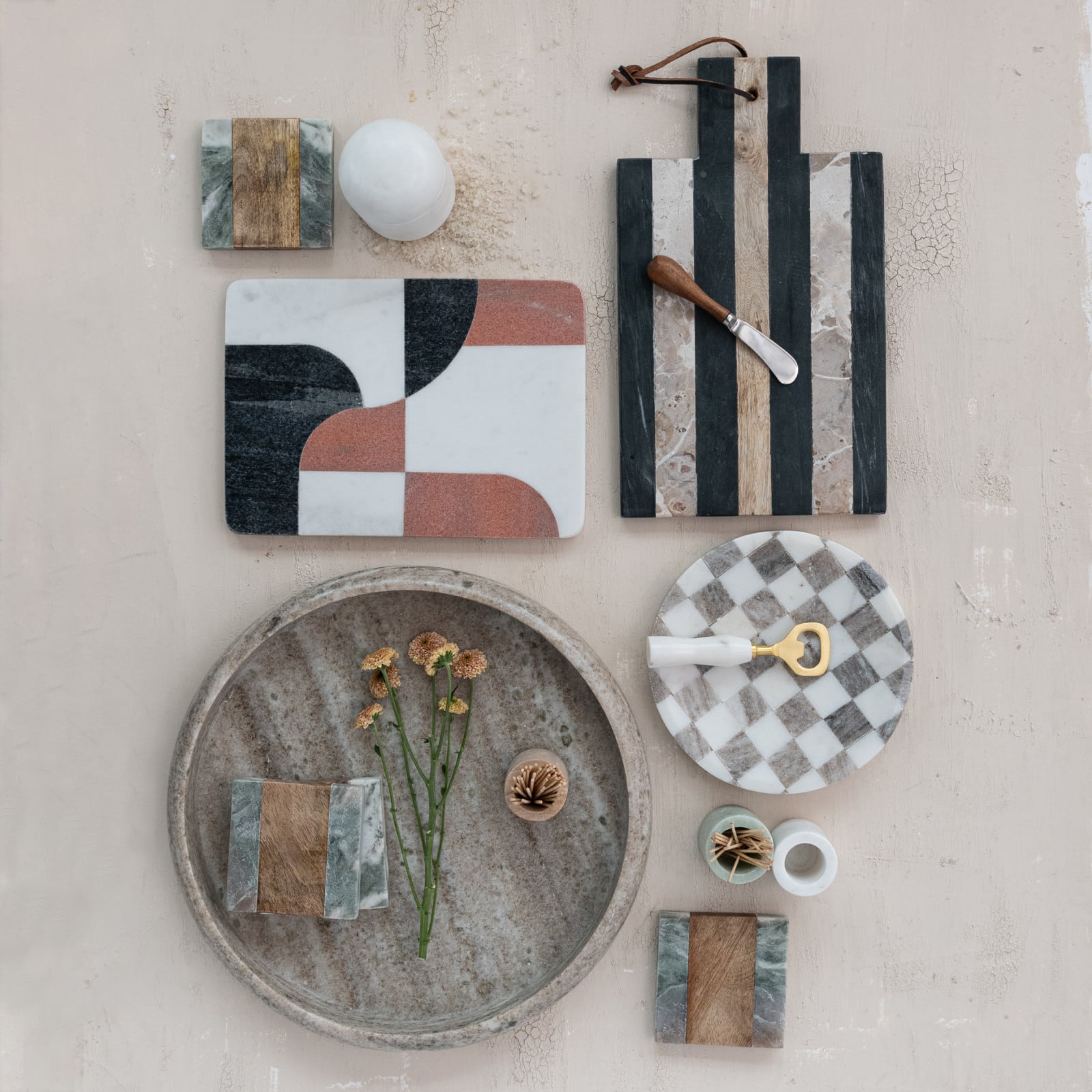 Hello Honey Marble Cutting Board with Abstract Design, White, Rust Color and Black