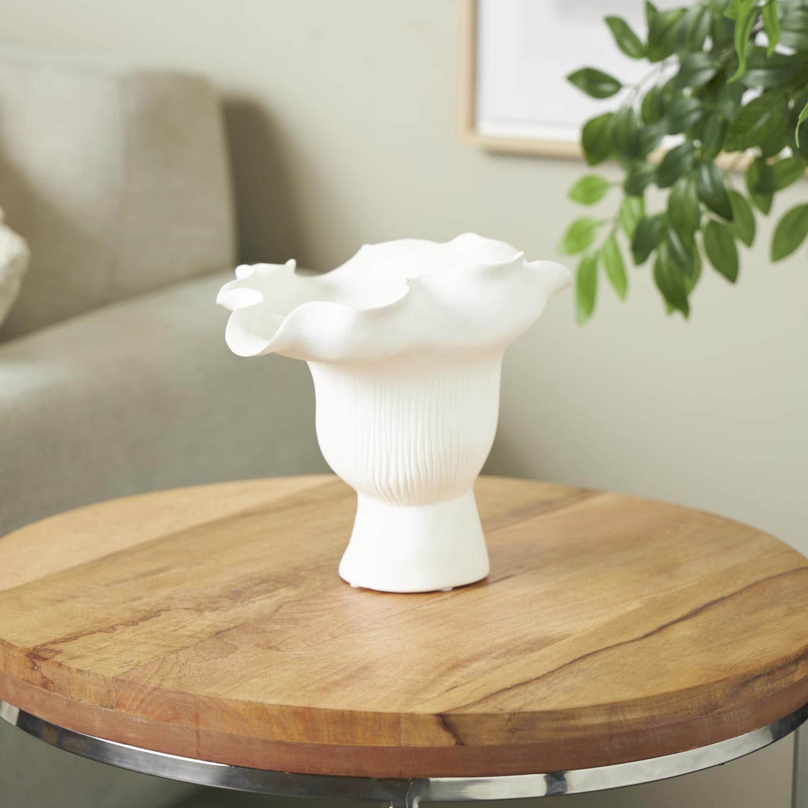 9.75" White Ceramic Abstract Floral Vase with Linear Grooves