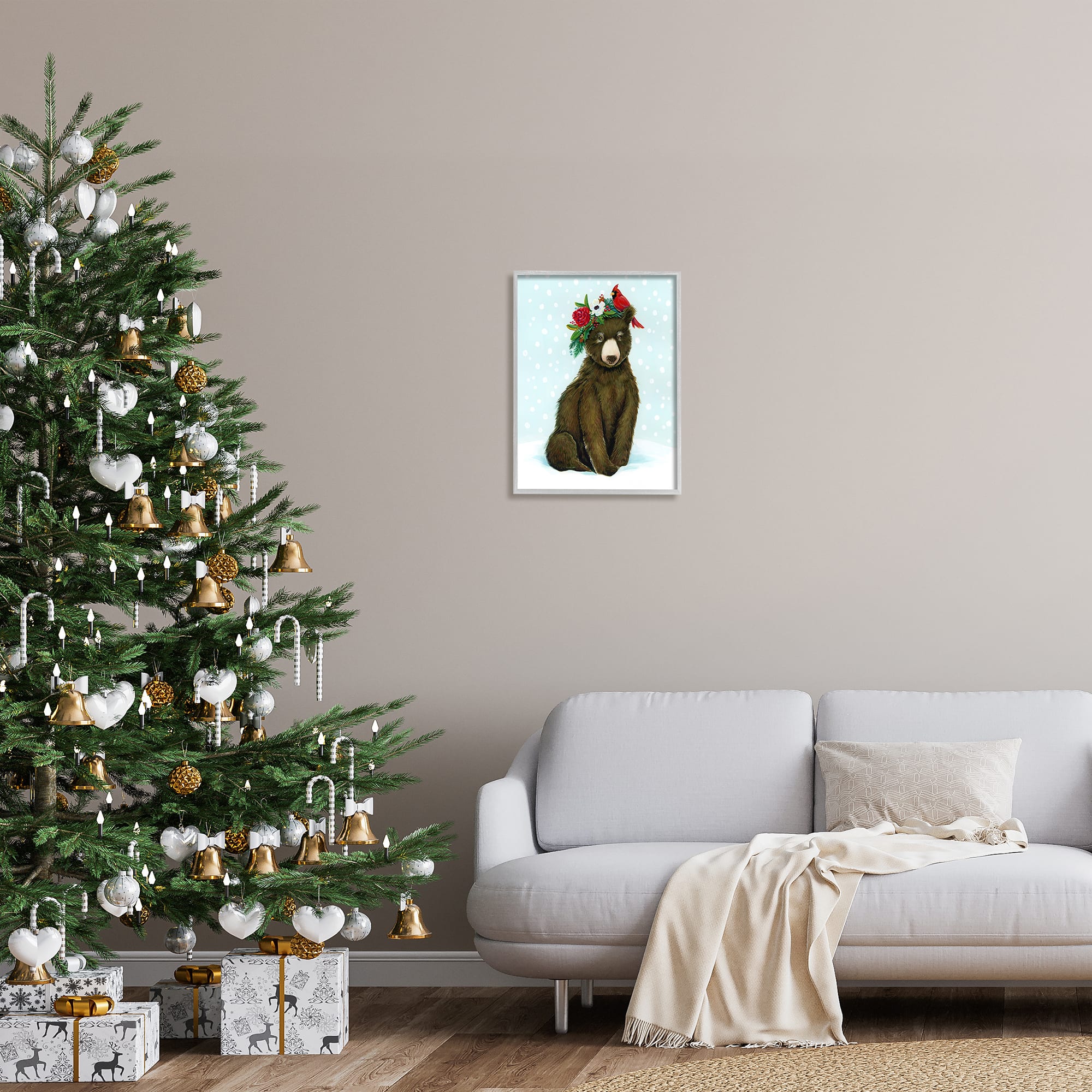 Stupell Industries Bear Seasonal Holly Snow Scene Framed Giclee Art