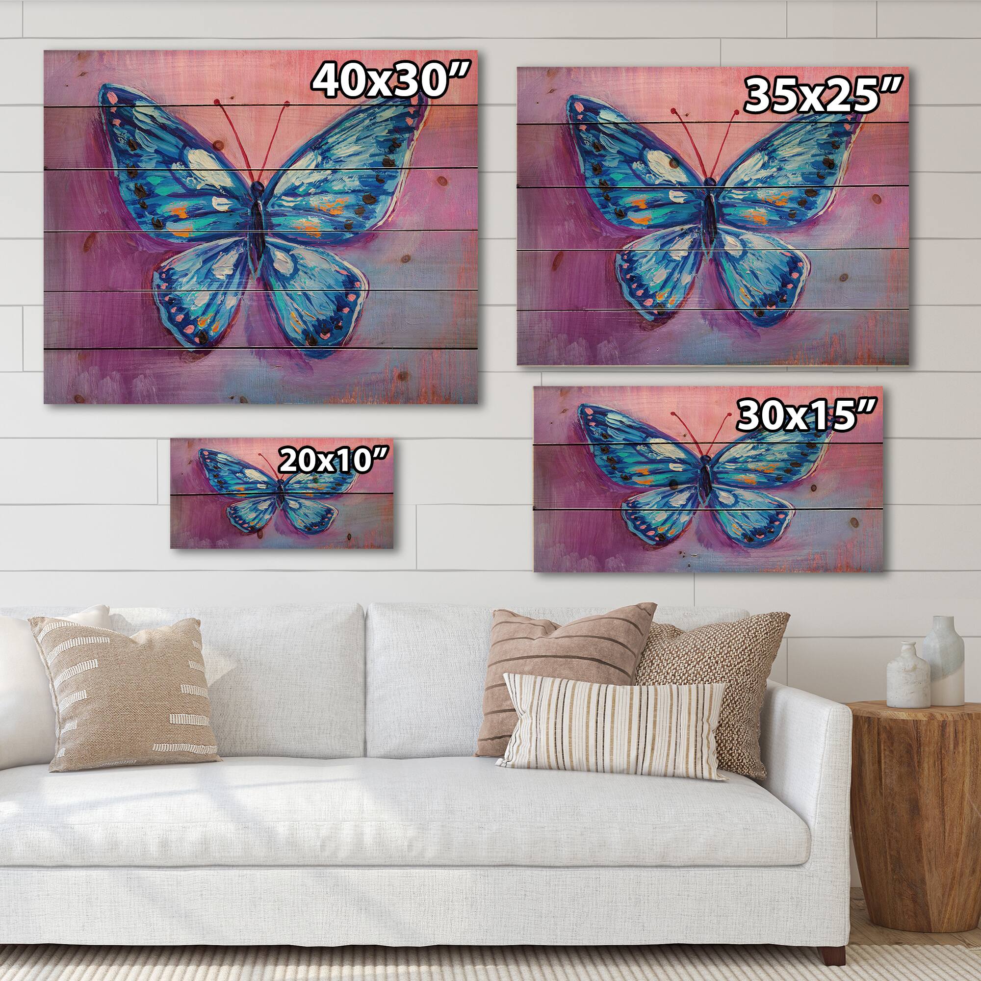 Designart - Vintage Blue Butterfly I - Modern Print on Natural Pine Wood