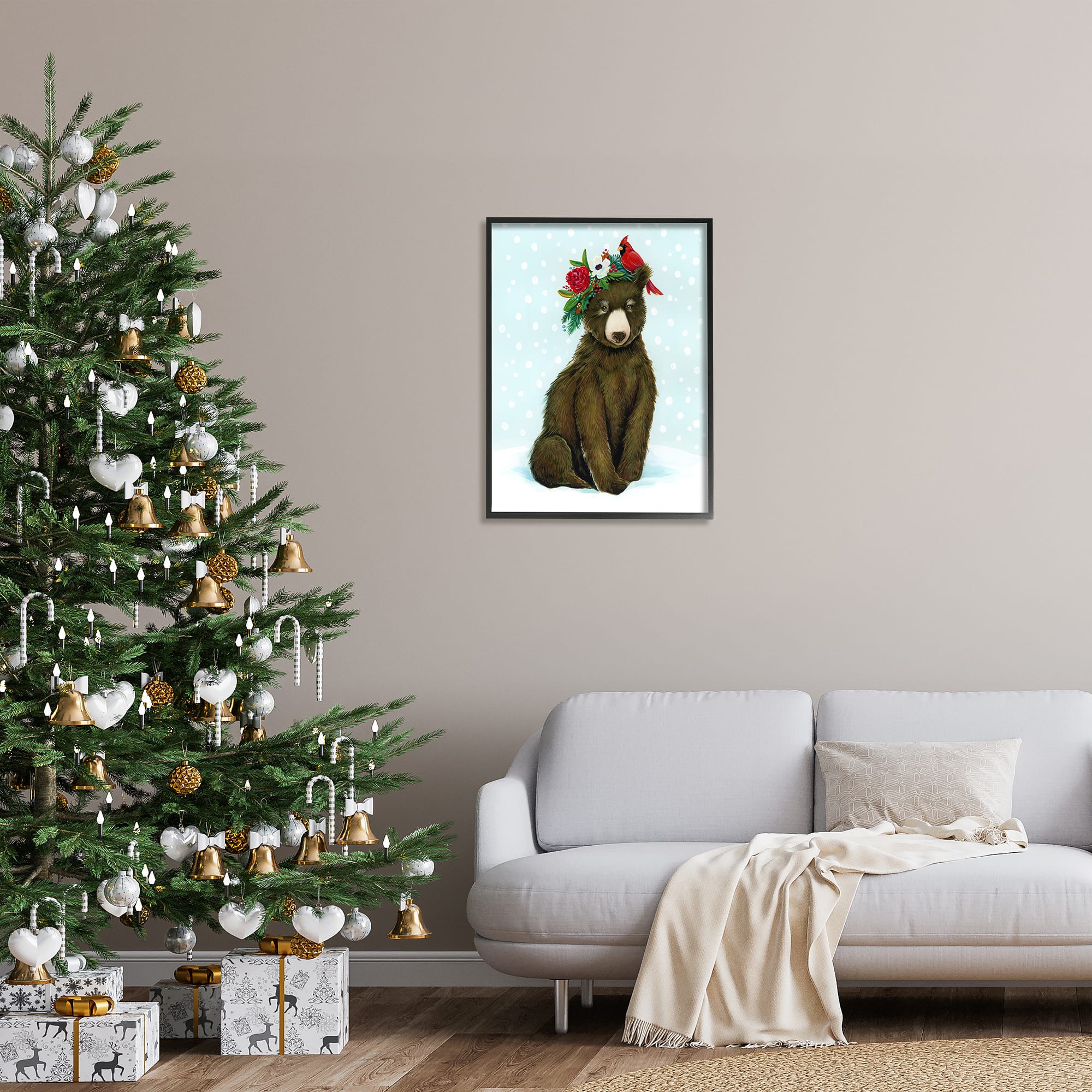 Stupell Industries Bear Seasonal Holly Snow Scene Framed Giclee Art
