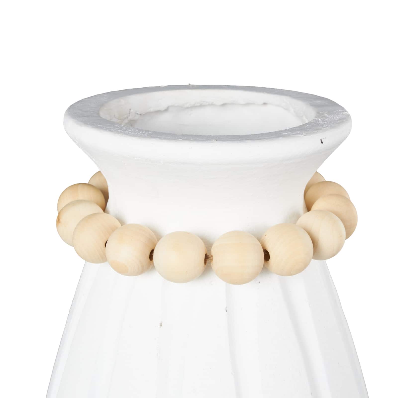 20" White Magnesium Oxide Decorative Vase with Light Brown Beads & Carved Grooves