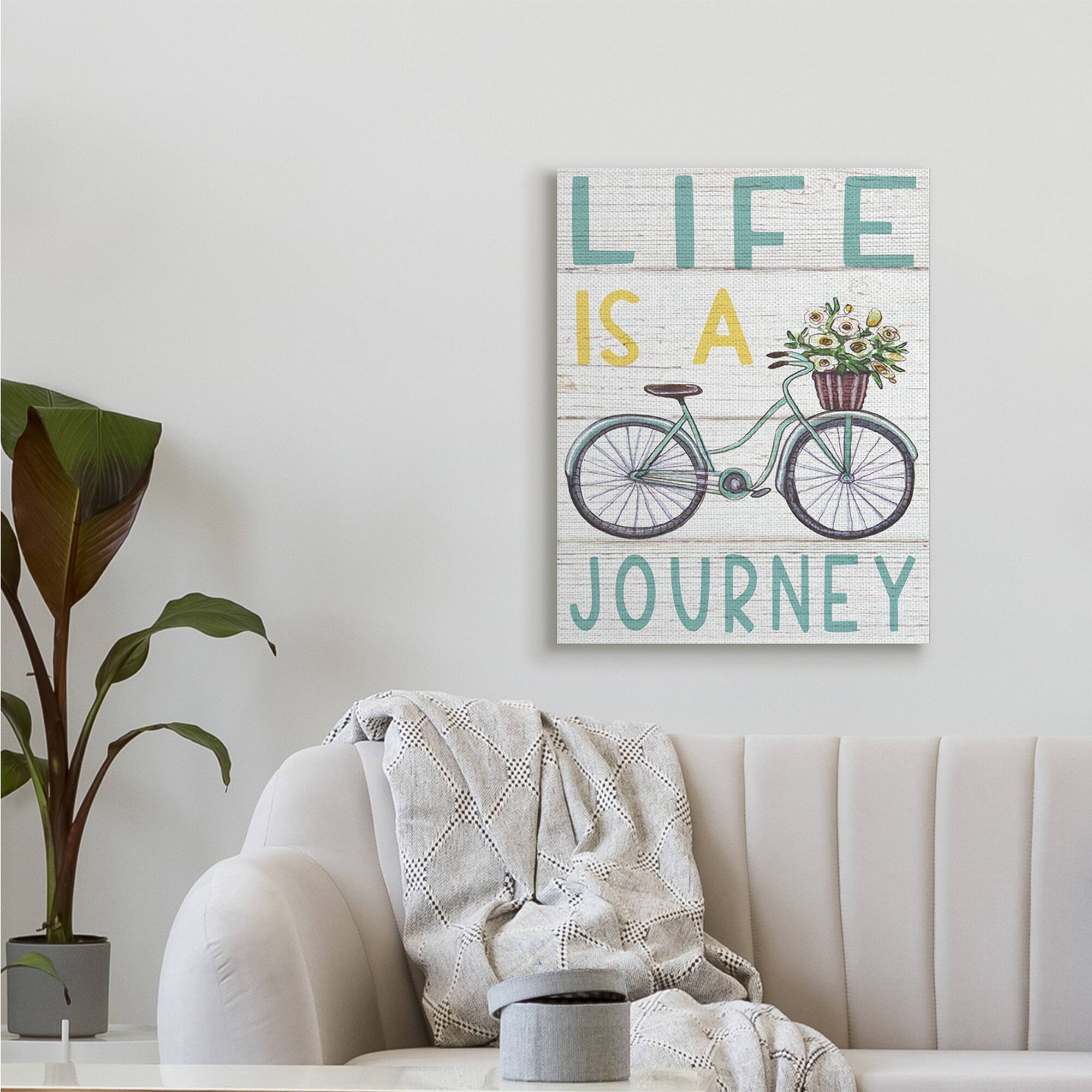 Stupell Industries Life's A Journey Blue Bicycle Flower Basket Canvas Wall Art