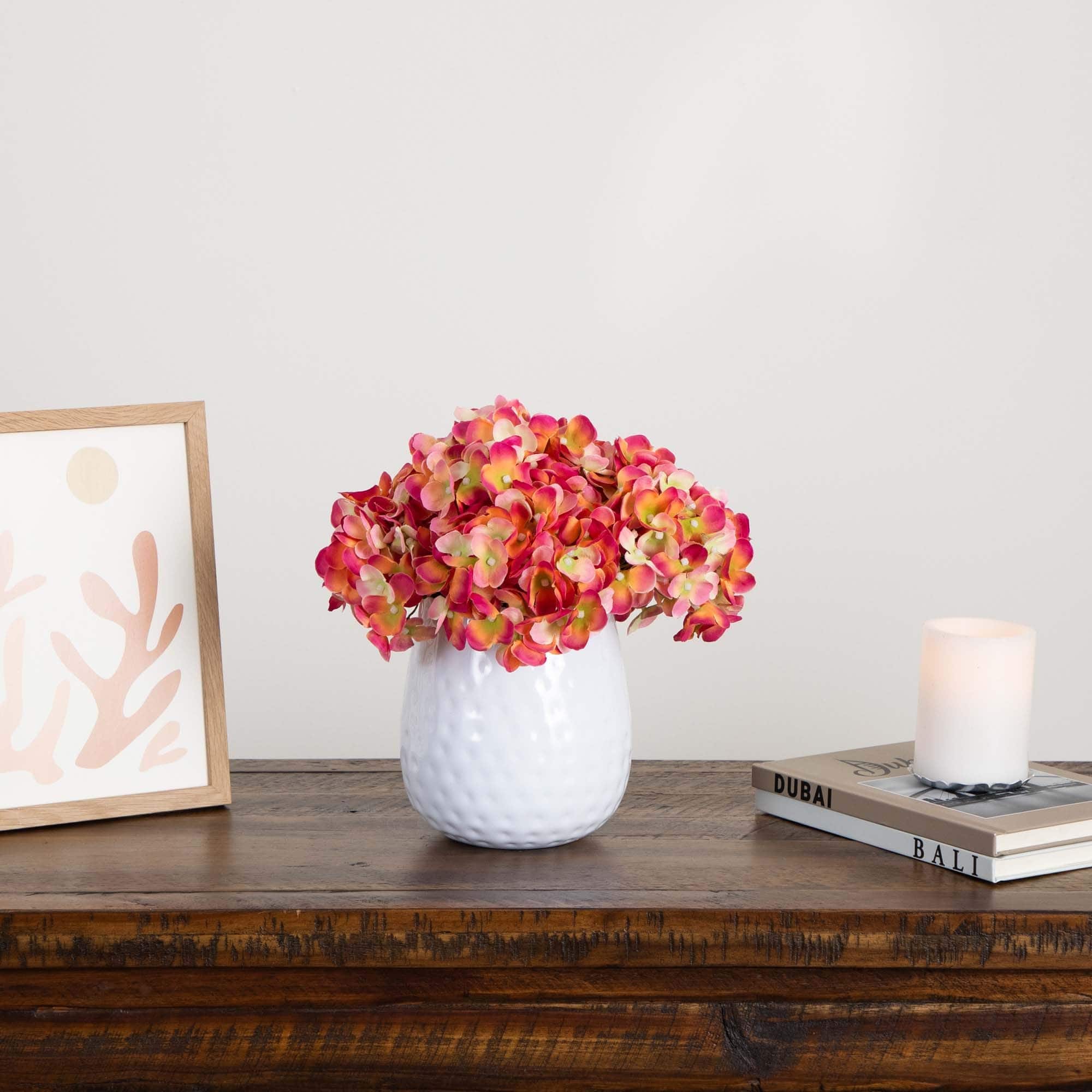11" Pink Hydrangea Arrangement in White Metal Vase