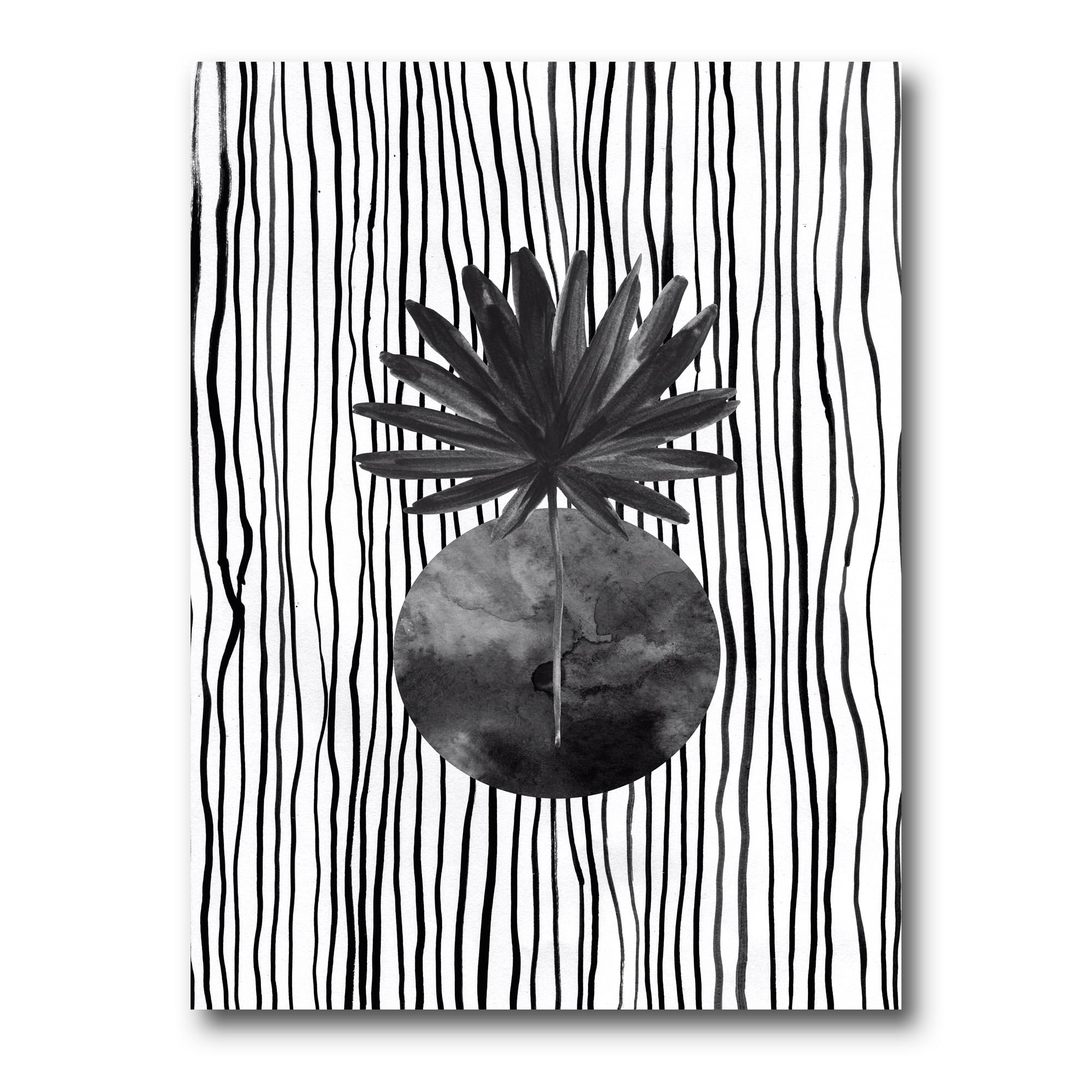 Designart - Black and White Tropical Leaf On Striped I
