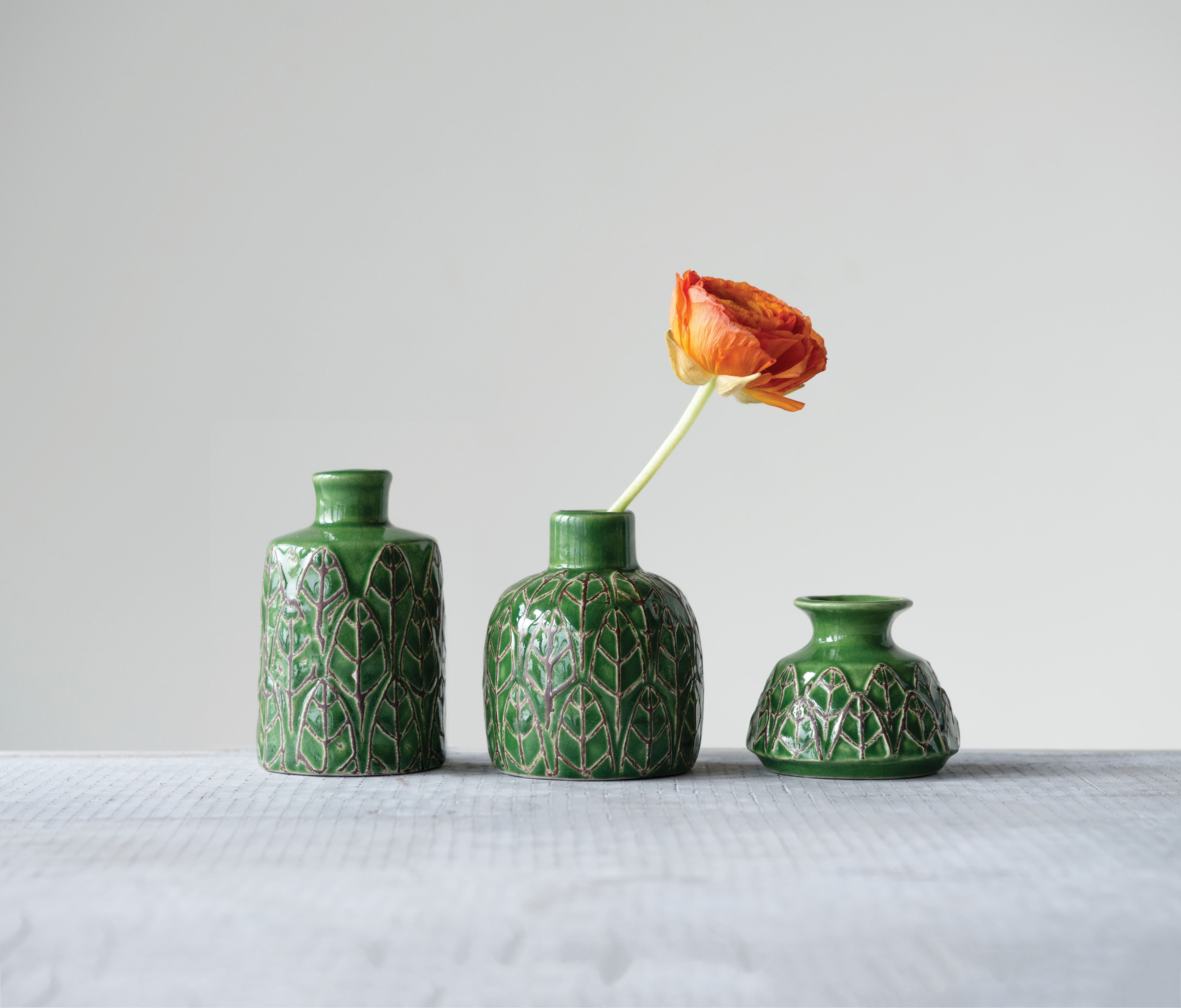 Hello Honey® Green Embossed Stoneware Vases Set