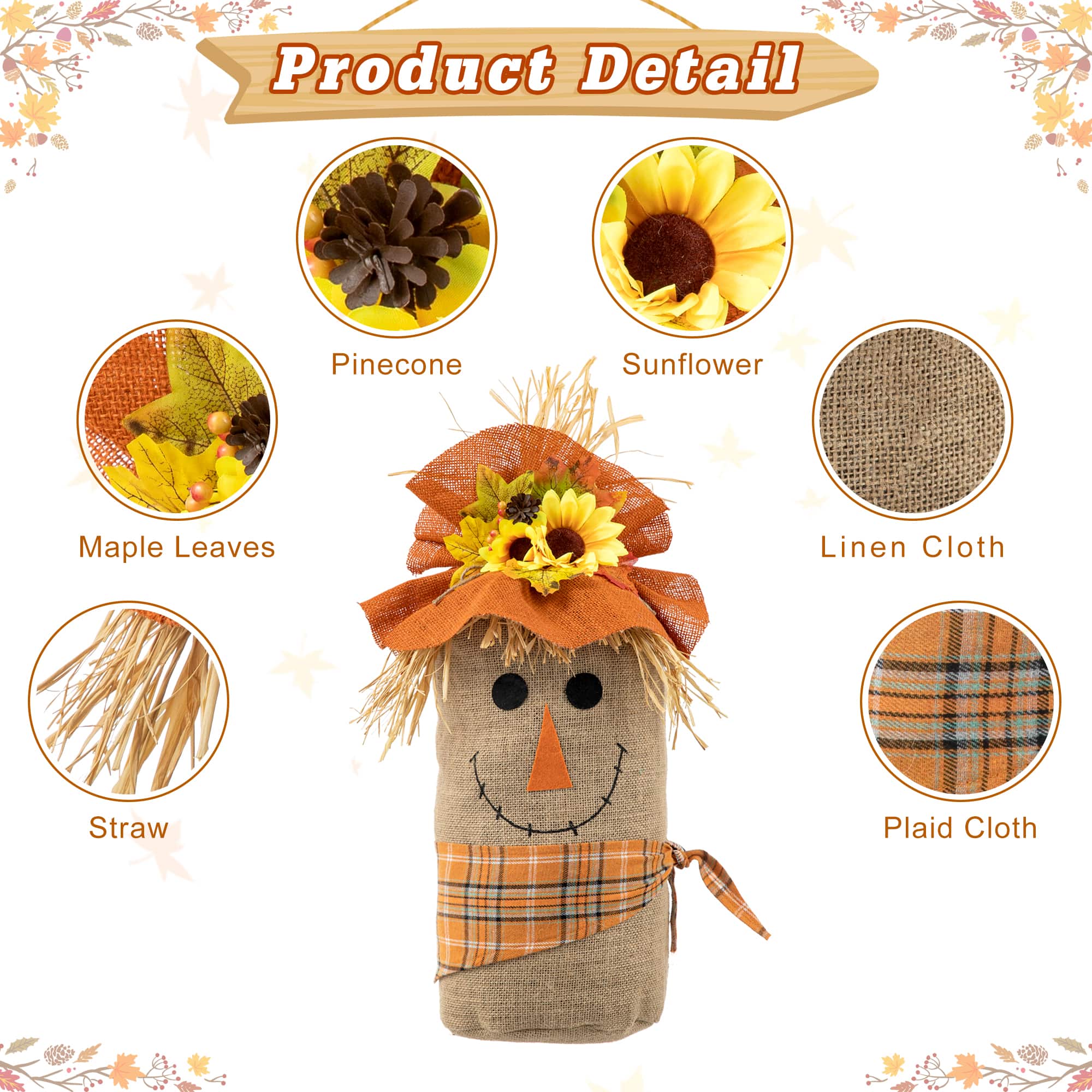 Glitzhome® 23" Fall Linen Scarecrow Doorstop Porch Décor