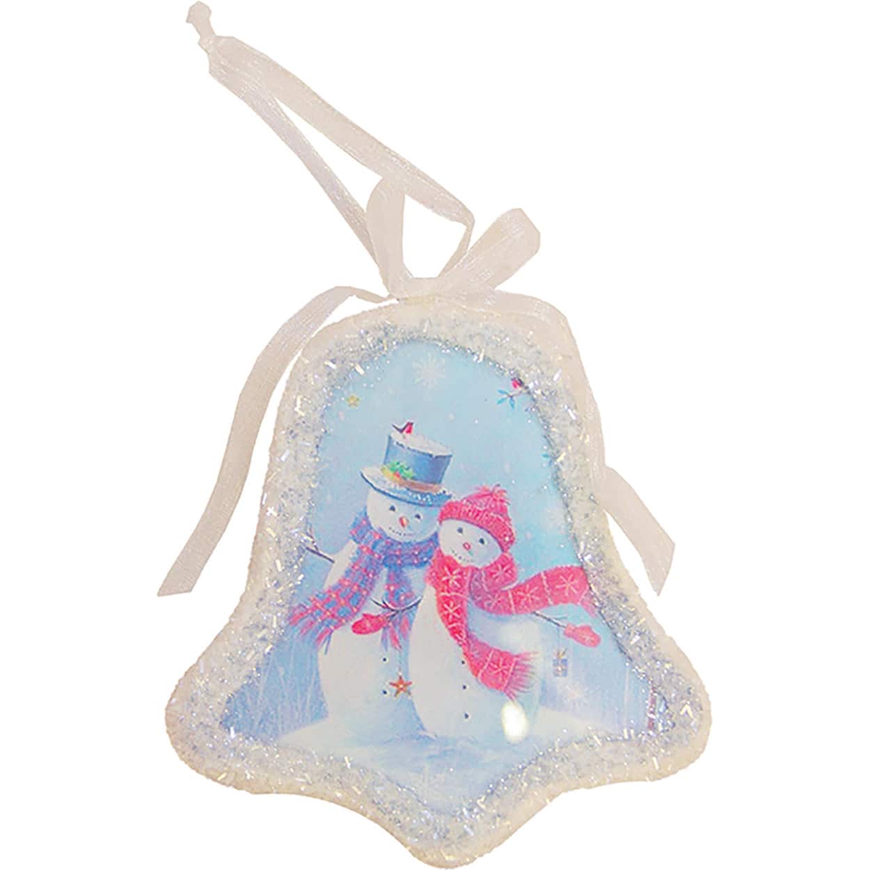 Blue & White Snowman Couple LED Bell Ornament