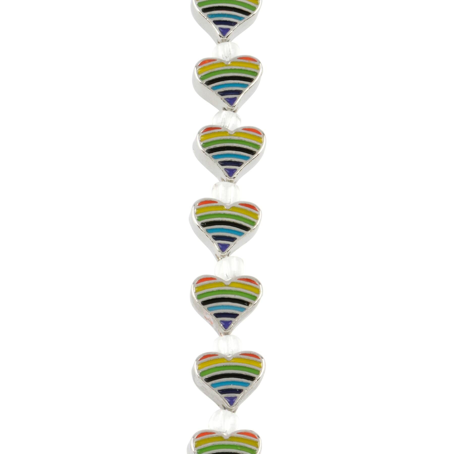 6 Packs: 12 ct. (72 total) Rainbow Stripe & Rhodium Heart Beads, 9mm by Bead Landing™