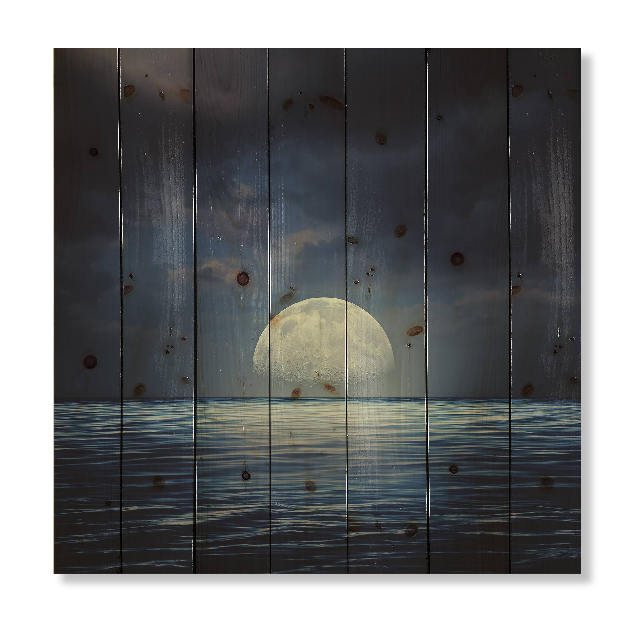 Designart - Super Moon Over The Sea II - Nautical & Coastal Print on Natural Pine Wood