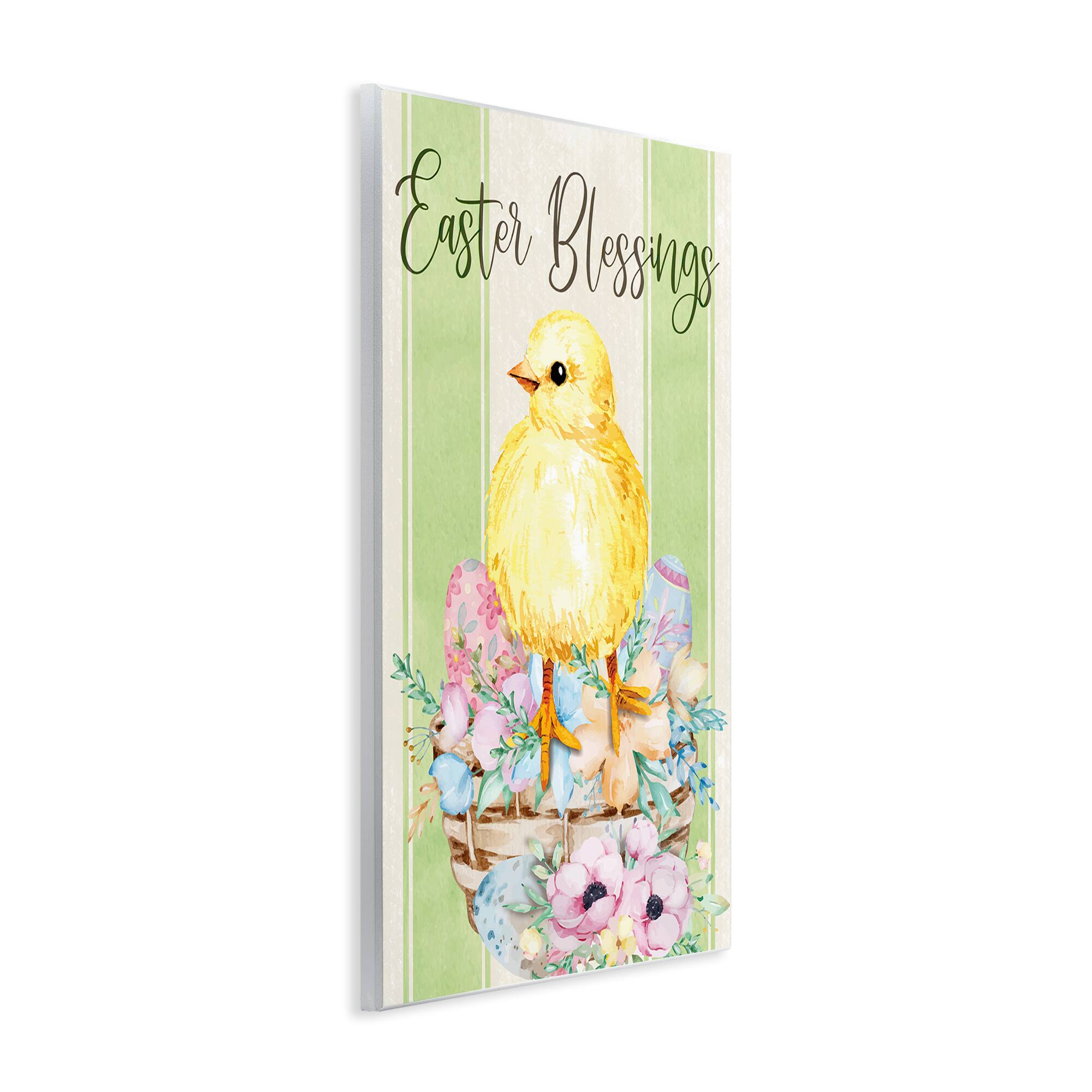 Stupell Industries Easter Blessings Text Striped Yellow Chick Egg Basket Wall Plaque Art