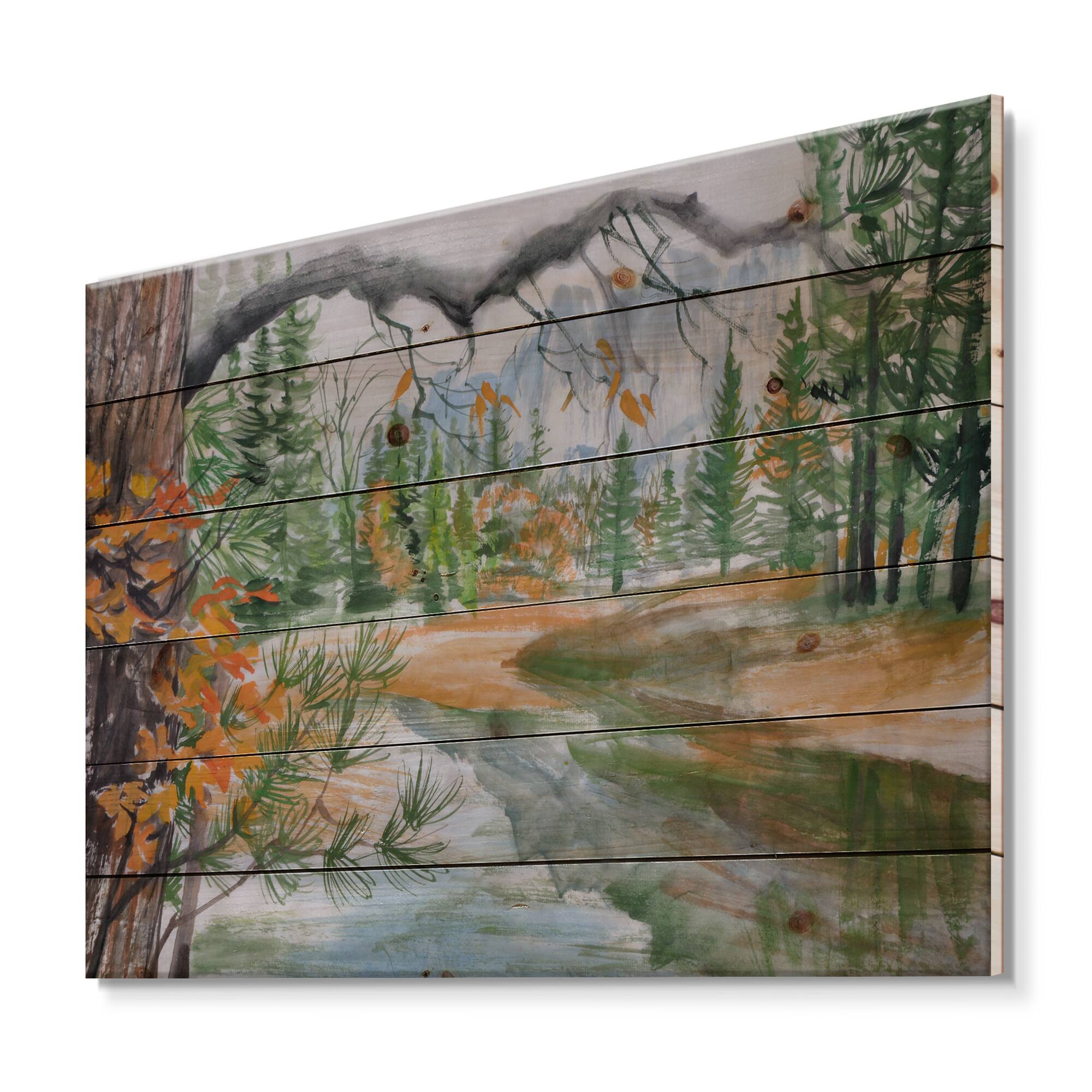 Designart - River With Trees In Autumn Forest - Lake House Print on Natural Pine Wood