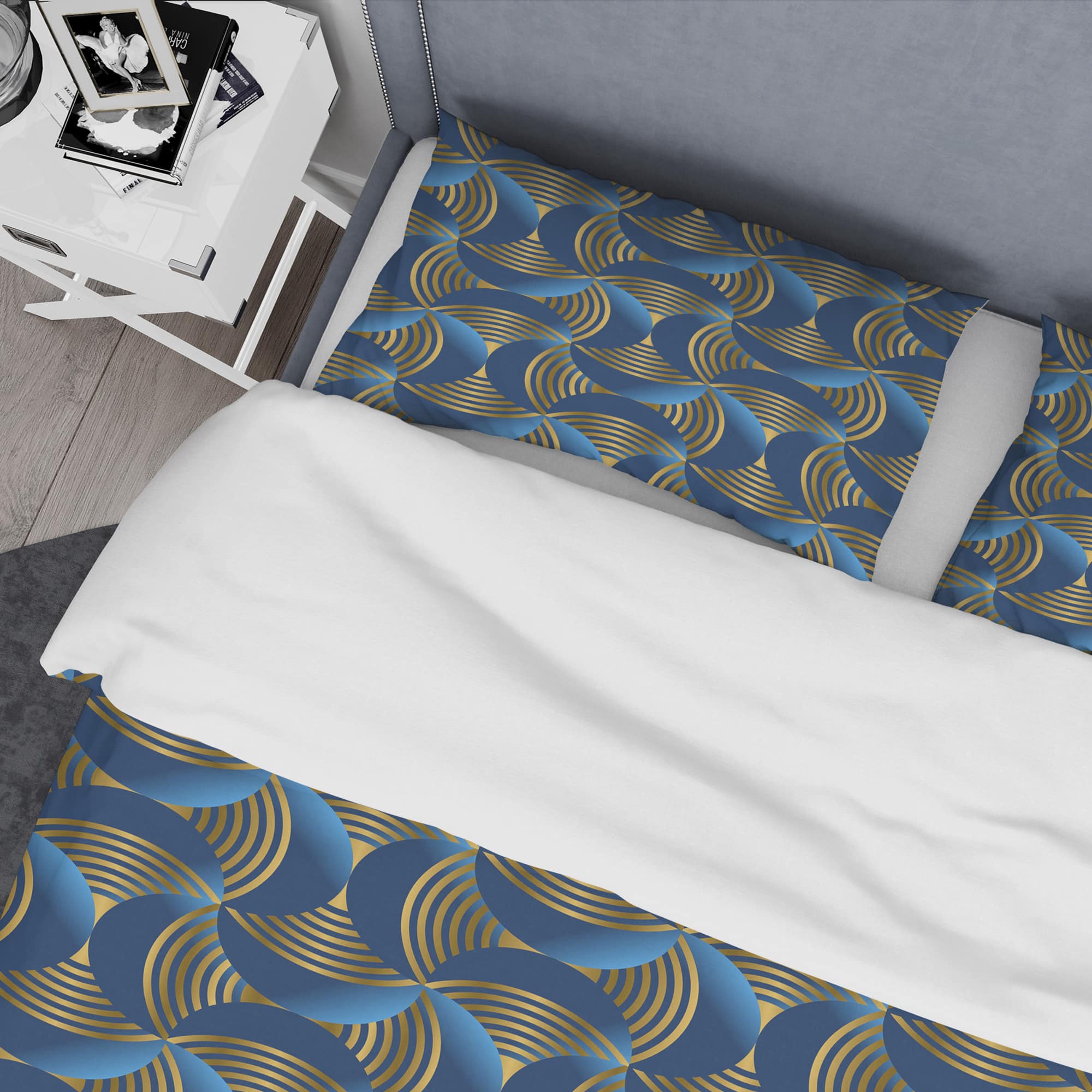 Designart 'Geometric abstract waves in gold and marine blue' Mid-Century Duvet Cover Set