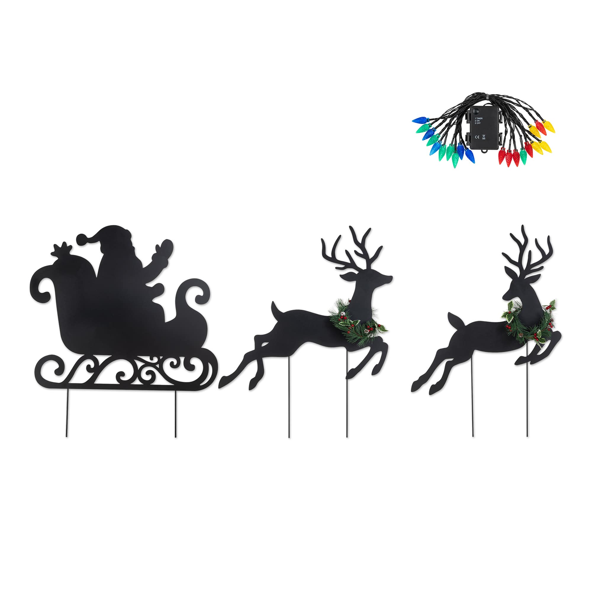 Glitzhome® 36" Set of 3 Christmas Lighted Metal Reindeer & Santa Sleigh Yard Stake with Timer