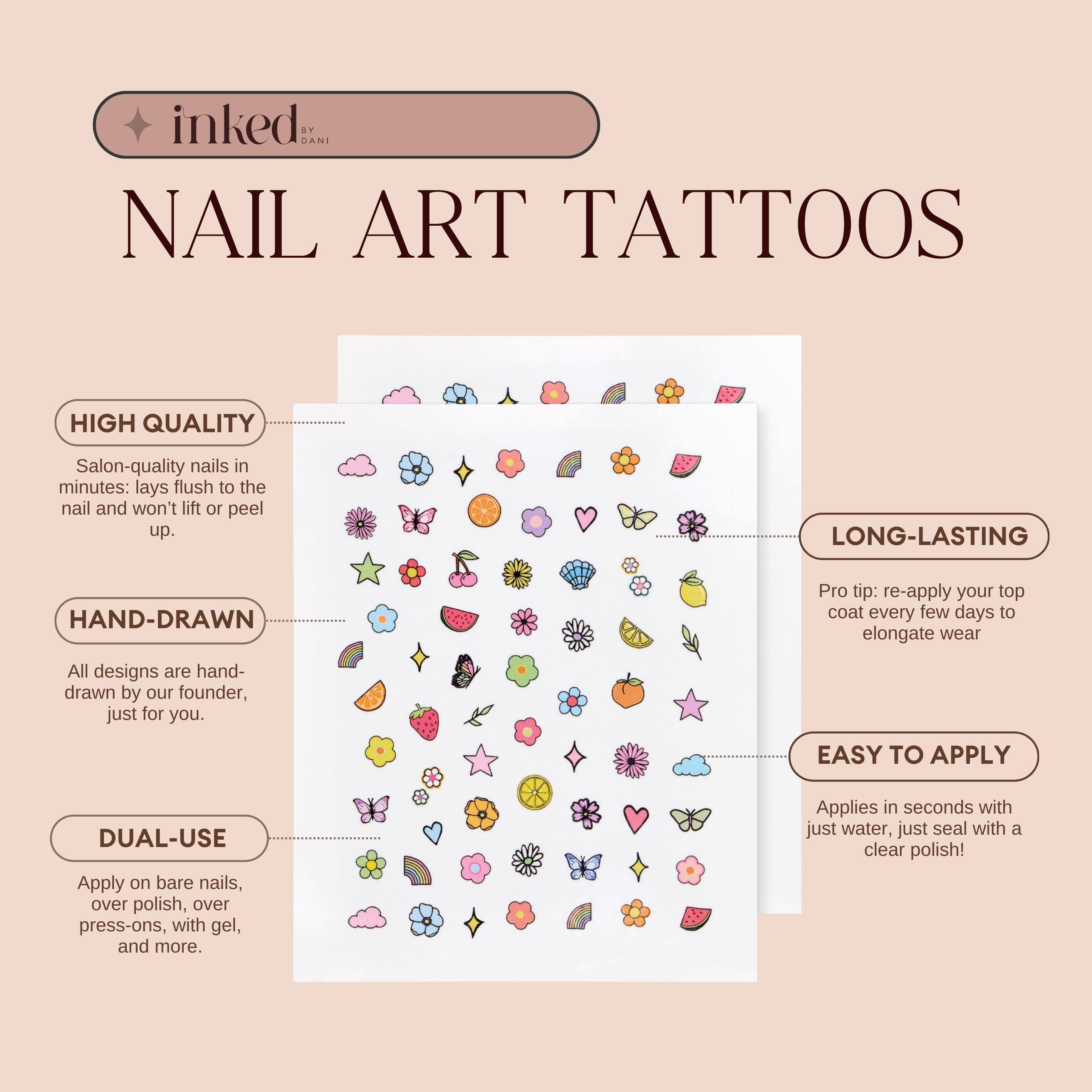 Inked by Dani B&W Nail Pack Hand Drawn Temporary Nail Art Tattoos