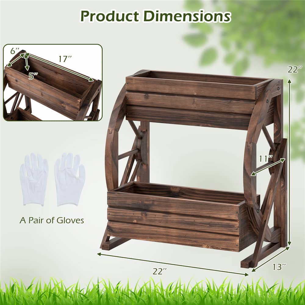 Costway 22" x 13" x 22" 2-Tier Rustic Wood Wagon Planter with Drainage Semi-Wheels Set
