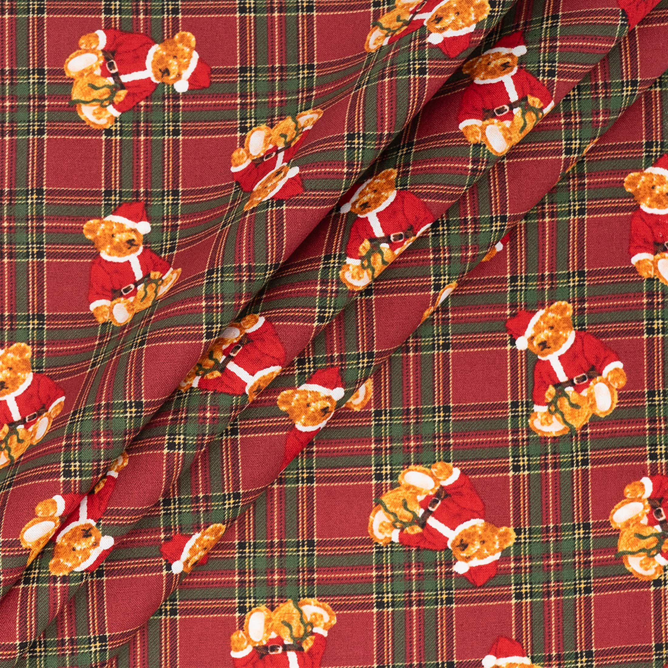 SINGER Santa Teddy Bears on Plaid Print Cotton Fabric