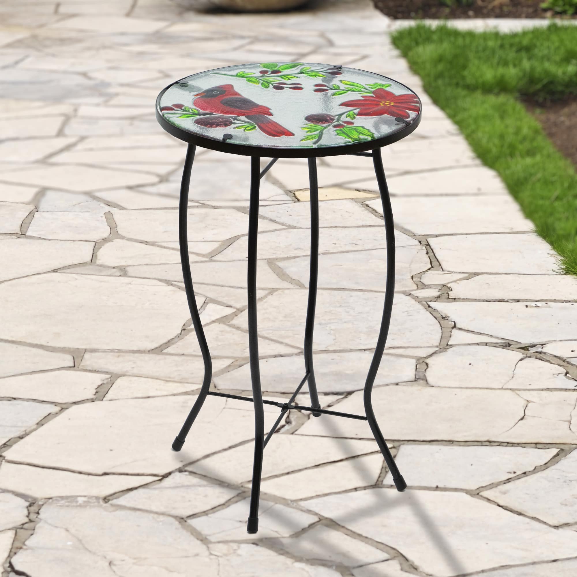 19" Red Cardinal & Pinecone Glass Patio Side Table