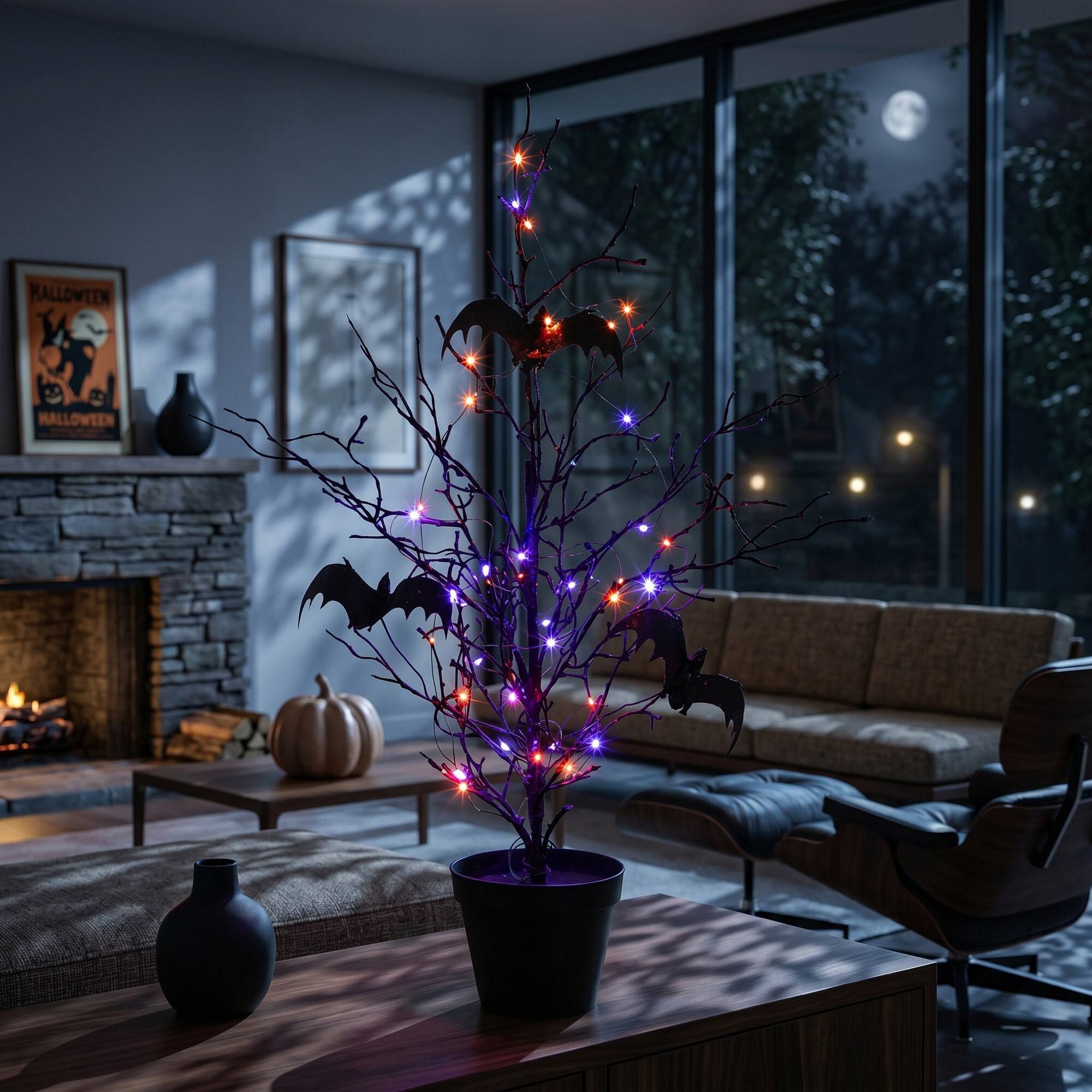 2ft. Pre-Lit Artificial Black Spooky Twig Tree with Bats and 40 Orange & Purple LED Lights