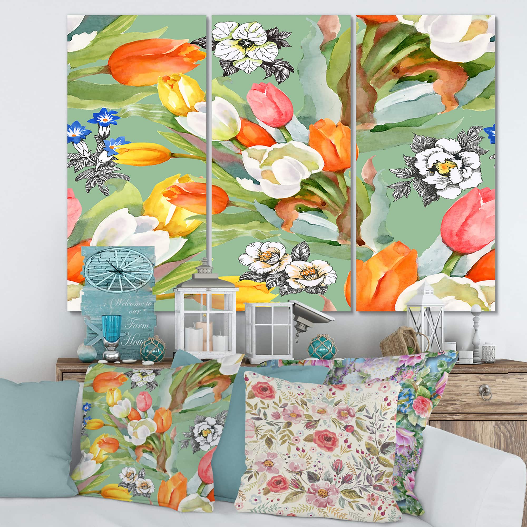 Designart - Blooming White and Orange Tulips III - Traditional Canvas Wall Art Print