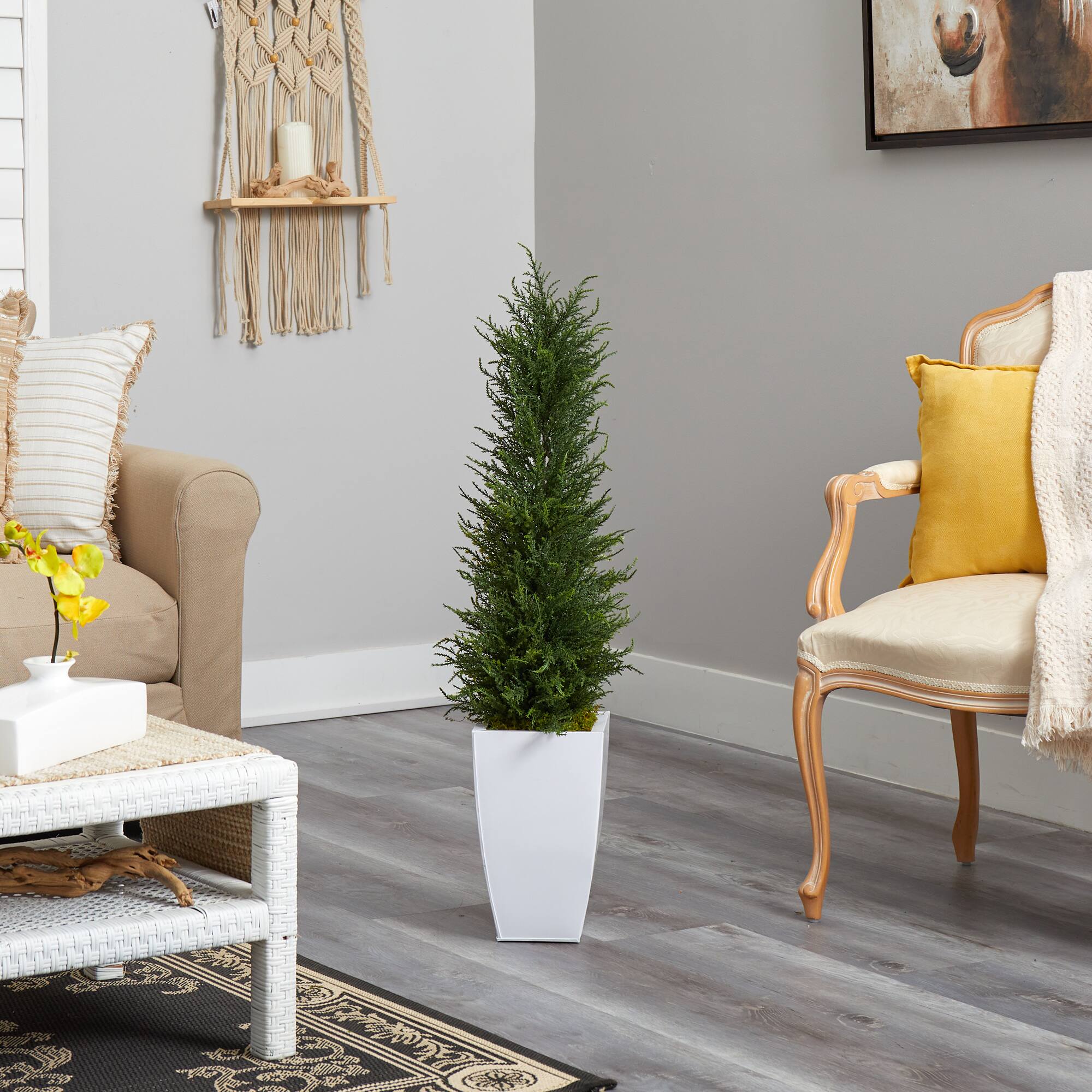 3.5ft. Cypress UV Resistant Artificial Tree in White Metal Planter