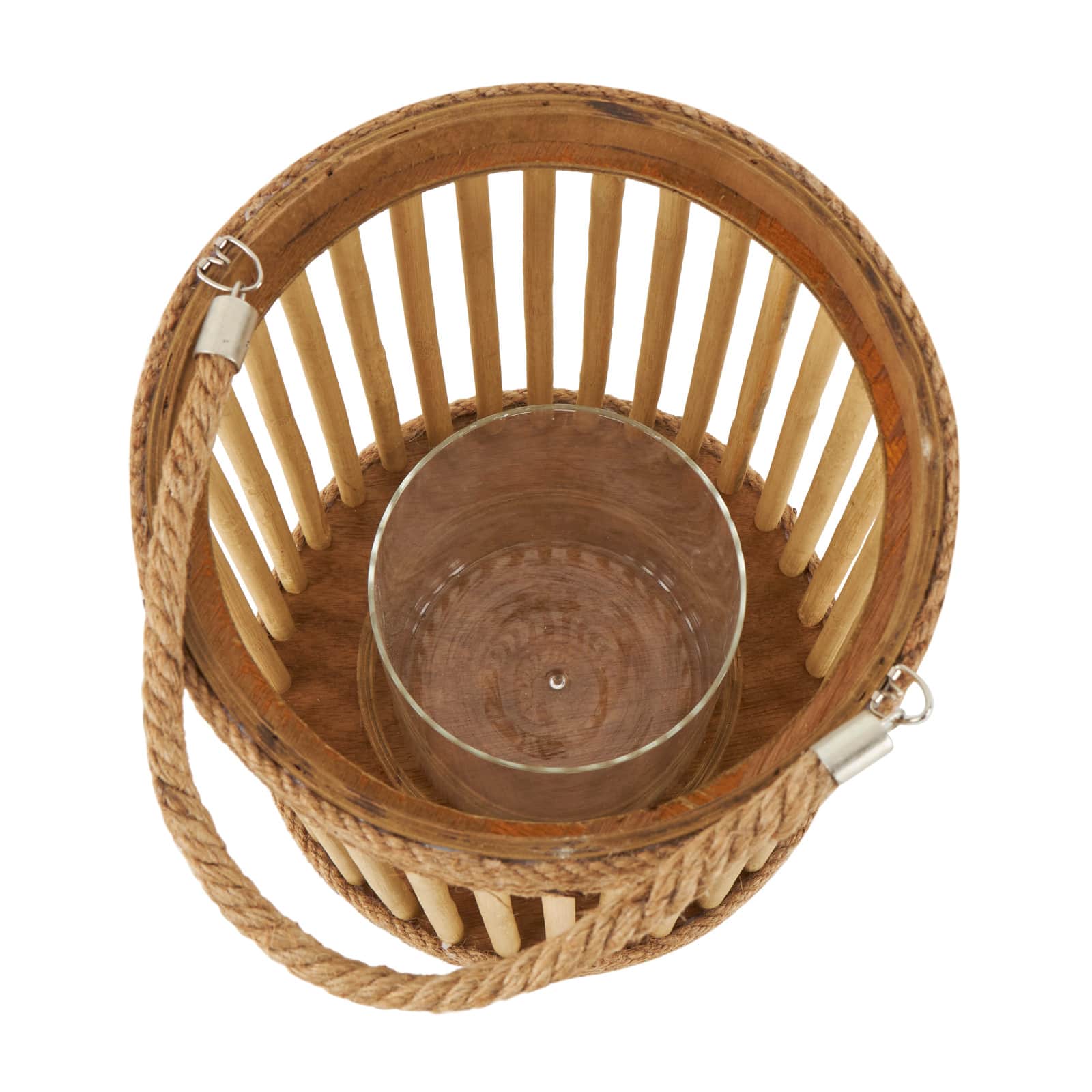 13" Brown Bamboo Handmade Open Framed Caged Candle Lantern with Rope Handle