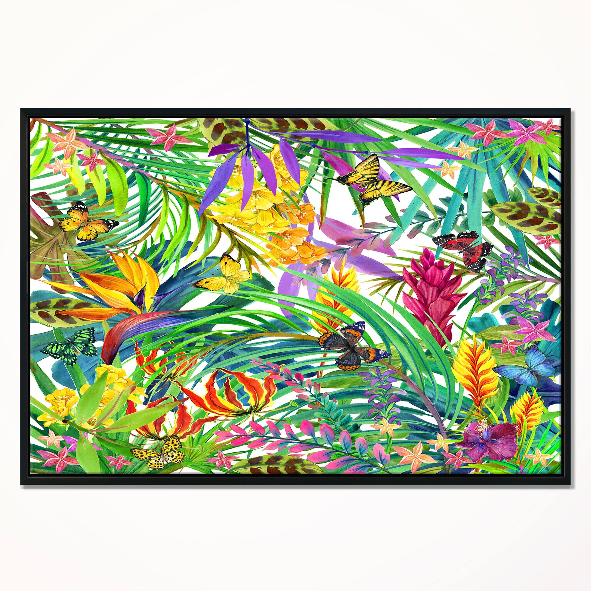 Designart - Tropical Leaves and Flowers - Floral Art Canvas Print in Black Frame