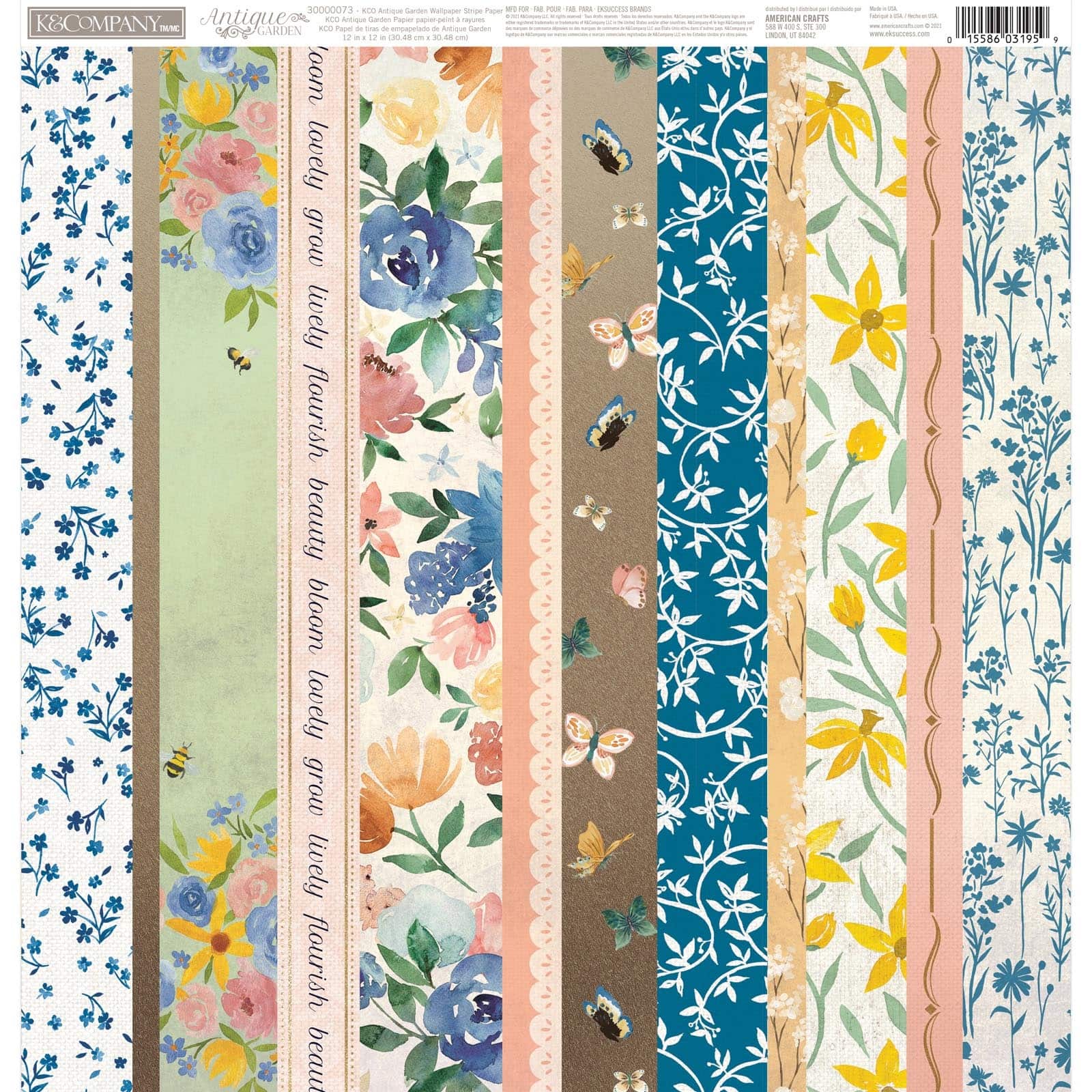K & Company Antique Garden Wallpaper Stripe Double-Sided Paper, 25 Sheets