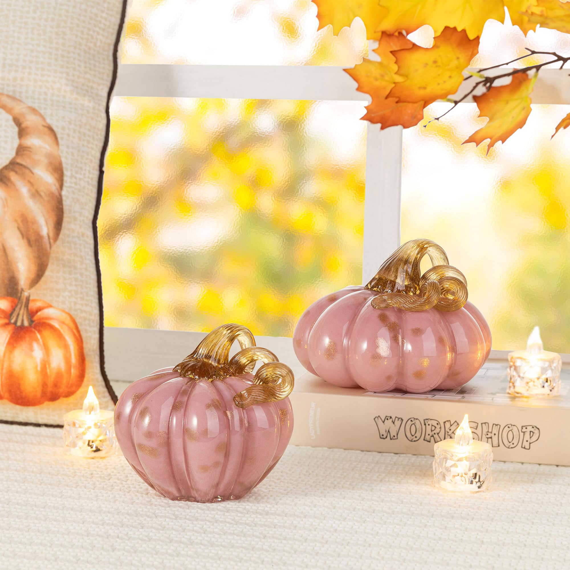 Glitzhome® 5.75" Pink Glass Pumpkin Fall Table Decor
