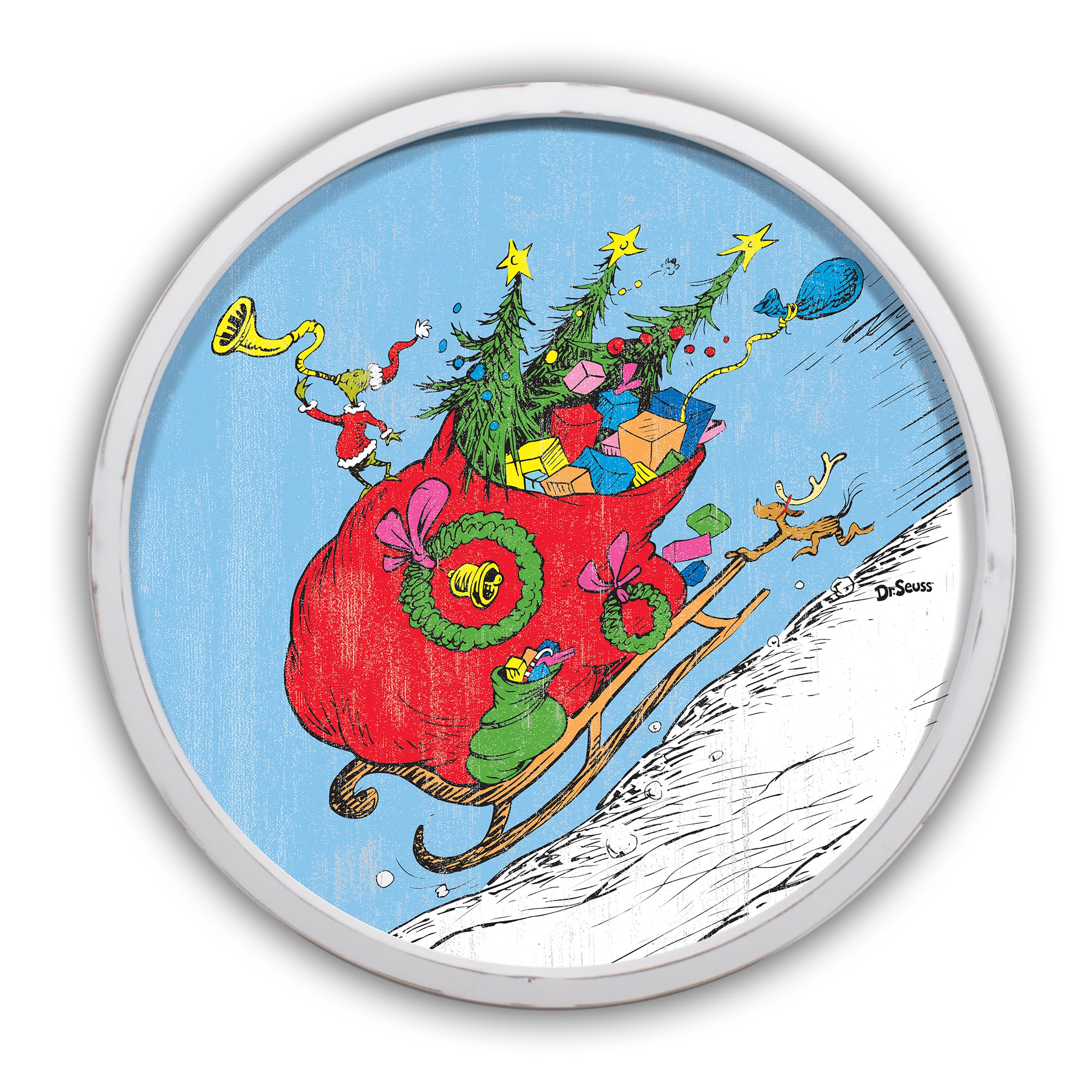 20" The Grinch Riding in Sled Round White Framed Print