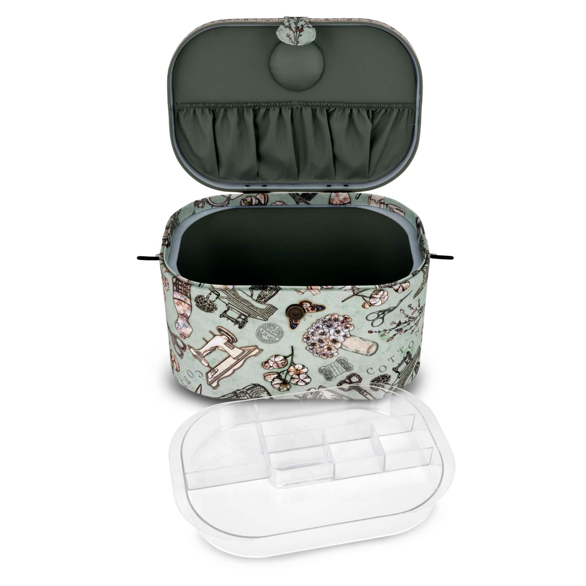 Dritz® Green Sewing Print Small Oval Sewing Basket With Metal Handle