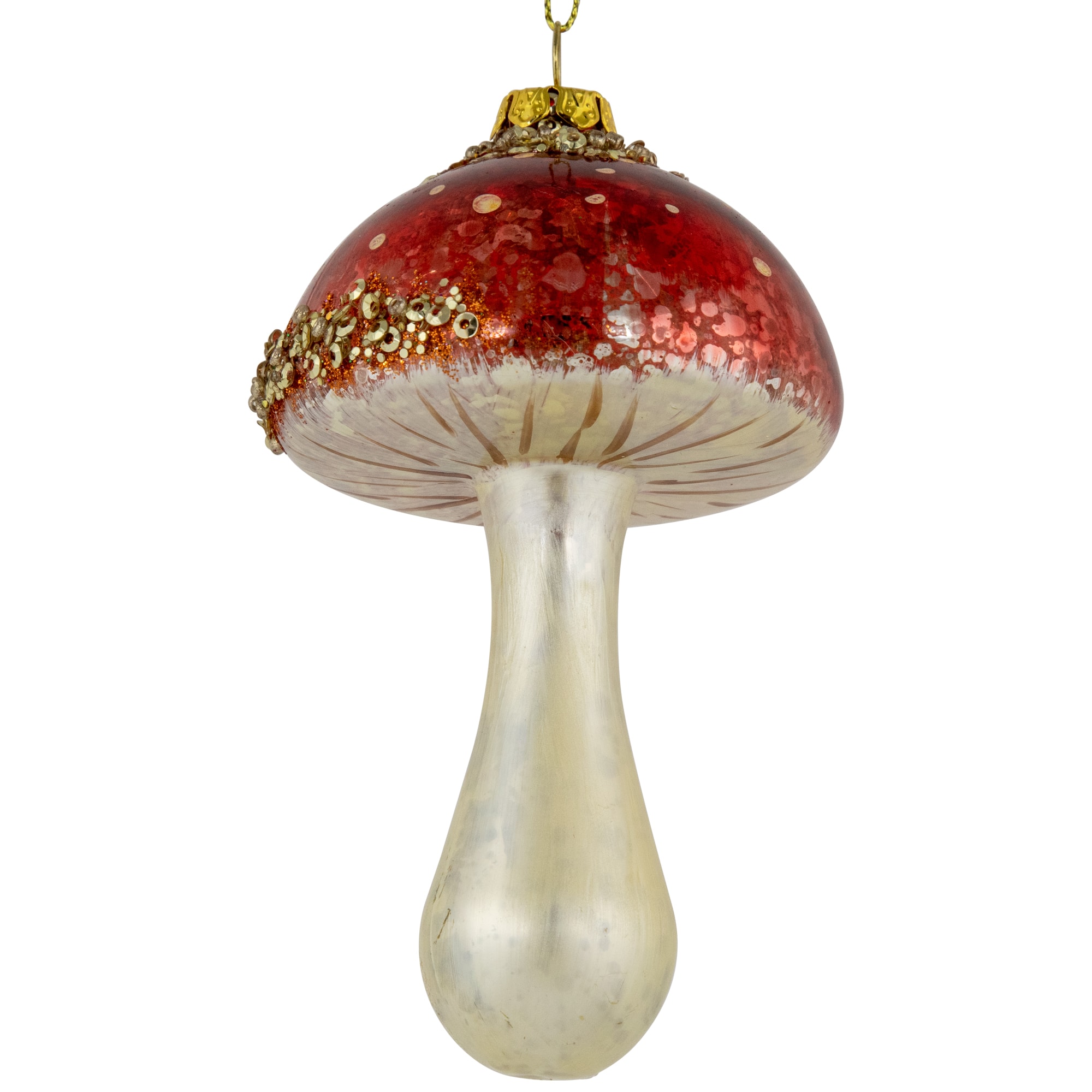 Sequined Mushroom Glass Christmas Ornament - 5" - Red and Gold Finish