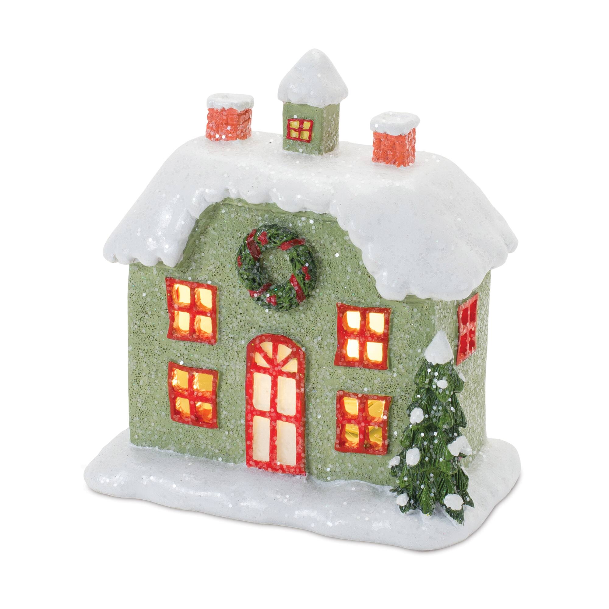 Red & Green Winter Village Houses Lighted Tabletop Town Décor Set, 5.75" & 6"