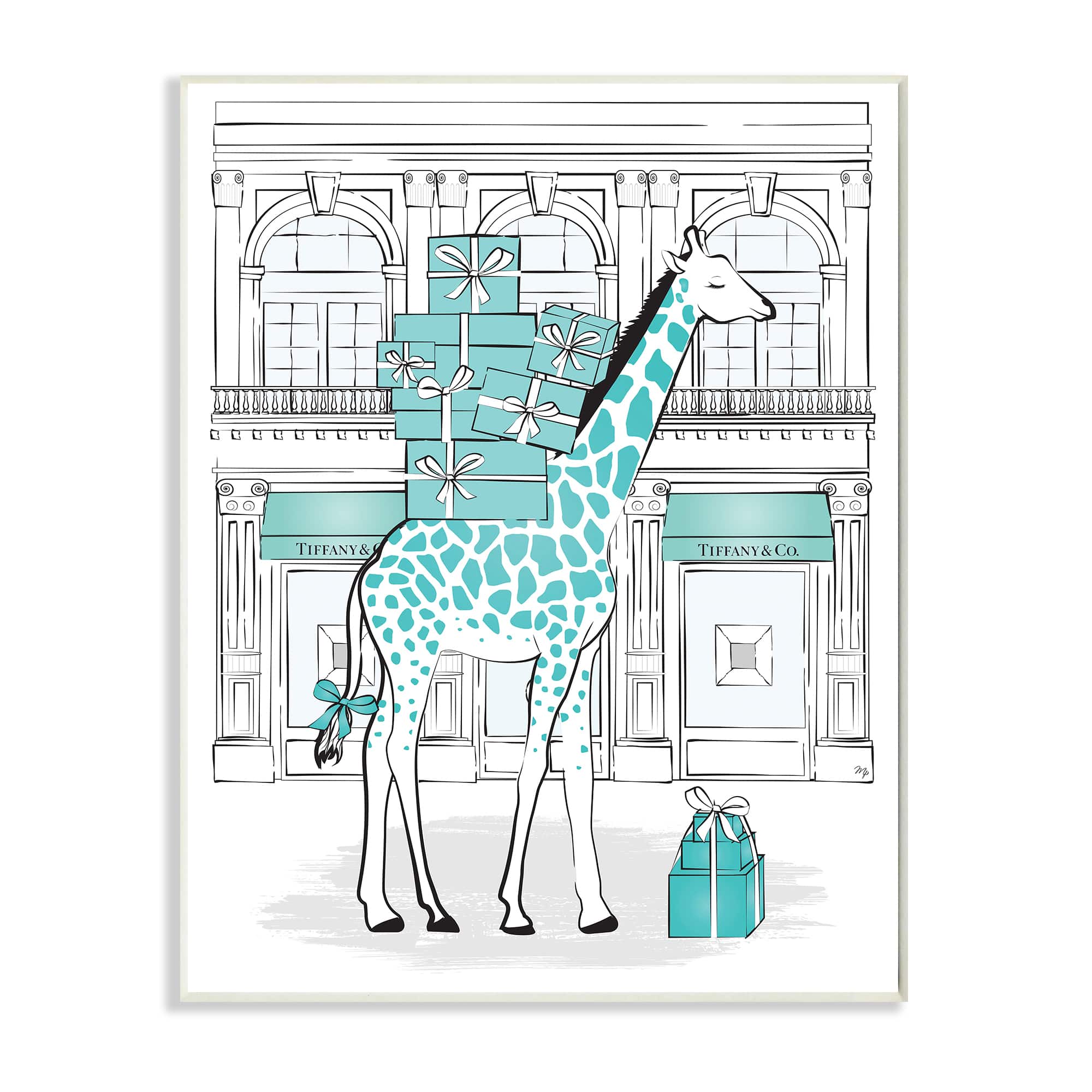 Stupell Industries Giraffe with Stacked Gift Boxes Designer Brand Wall Plaque