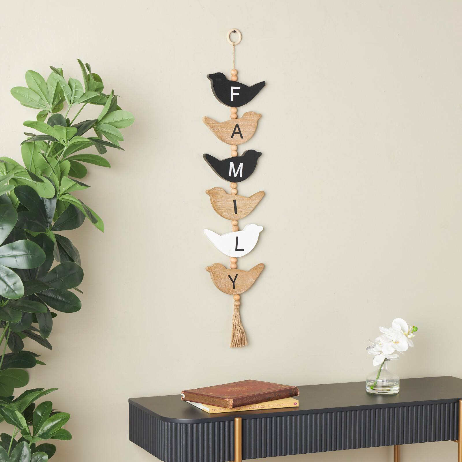 Brown Wood Bird Handmade Family Sign Wall Décor with Tassel and Bead Accents