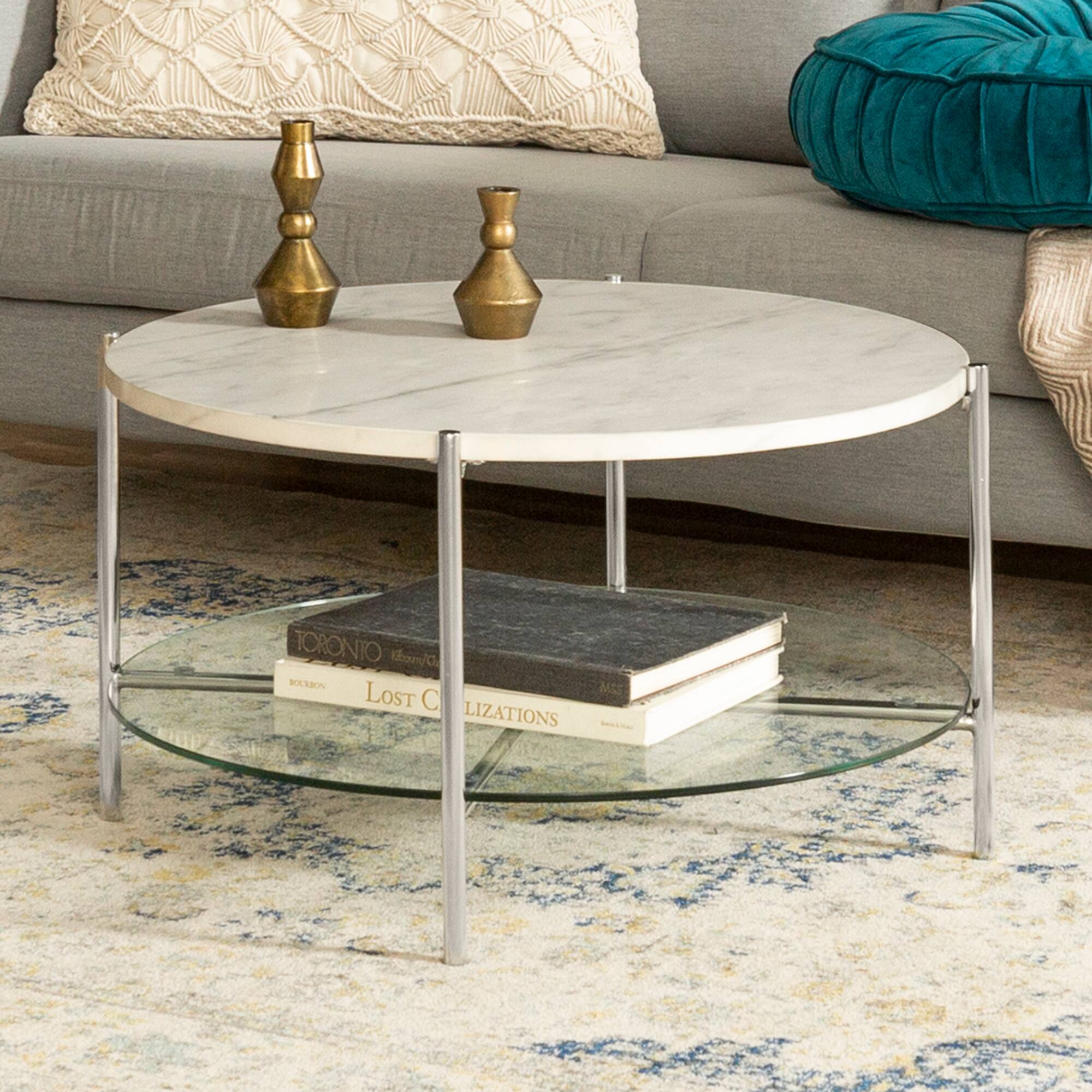 Faux White Marble, Glass & Chrome Modern Round Coffee Table