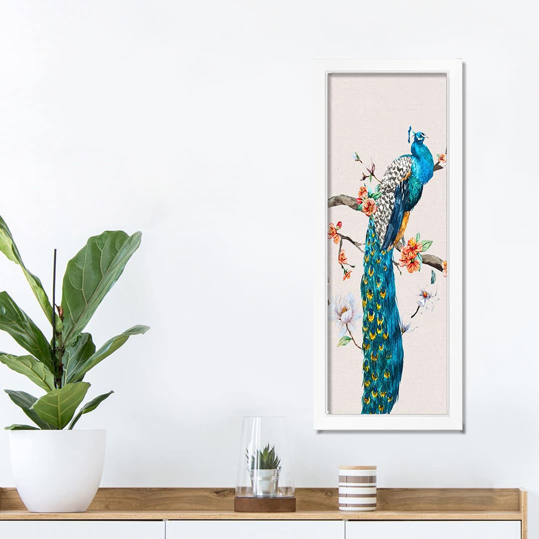 Floral Peacock 12" x 36" White Framed Print Under Plexiglass