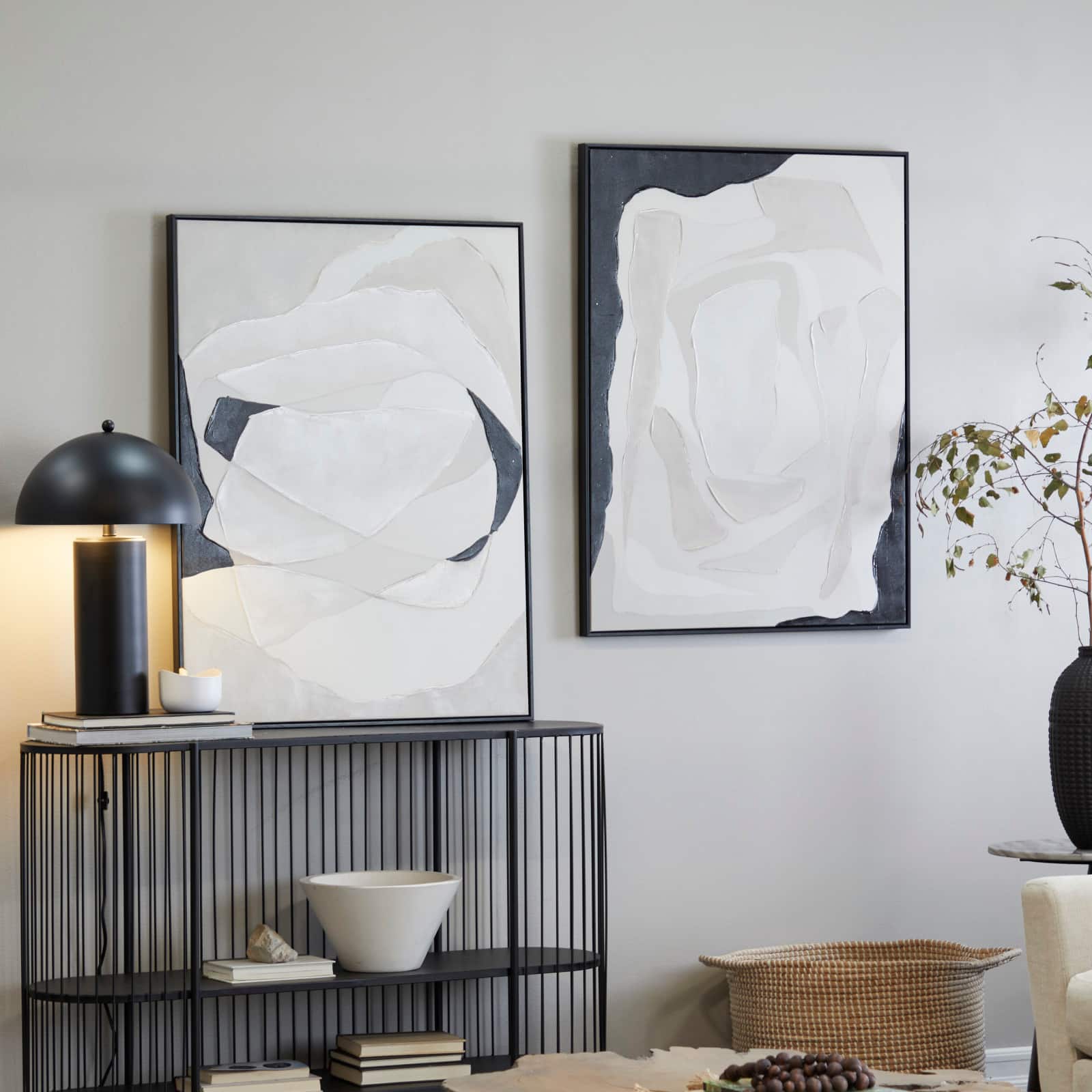 White Canvas Abstract Framed Wall Art with Black Frame Set of 2 30", 40"