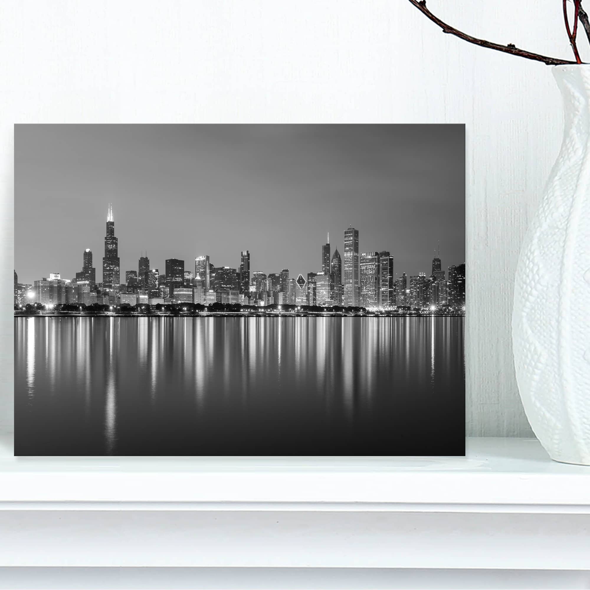 Designart - Chicago Skyline at Night Black and White - Cityscape Canvas Print