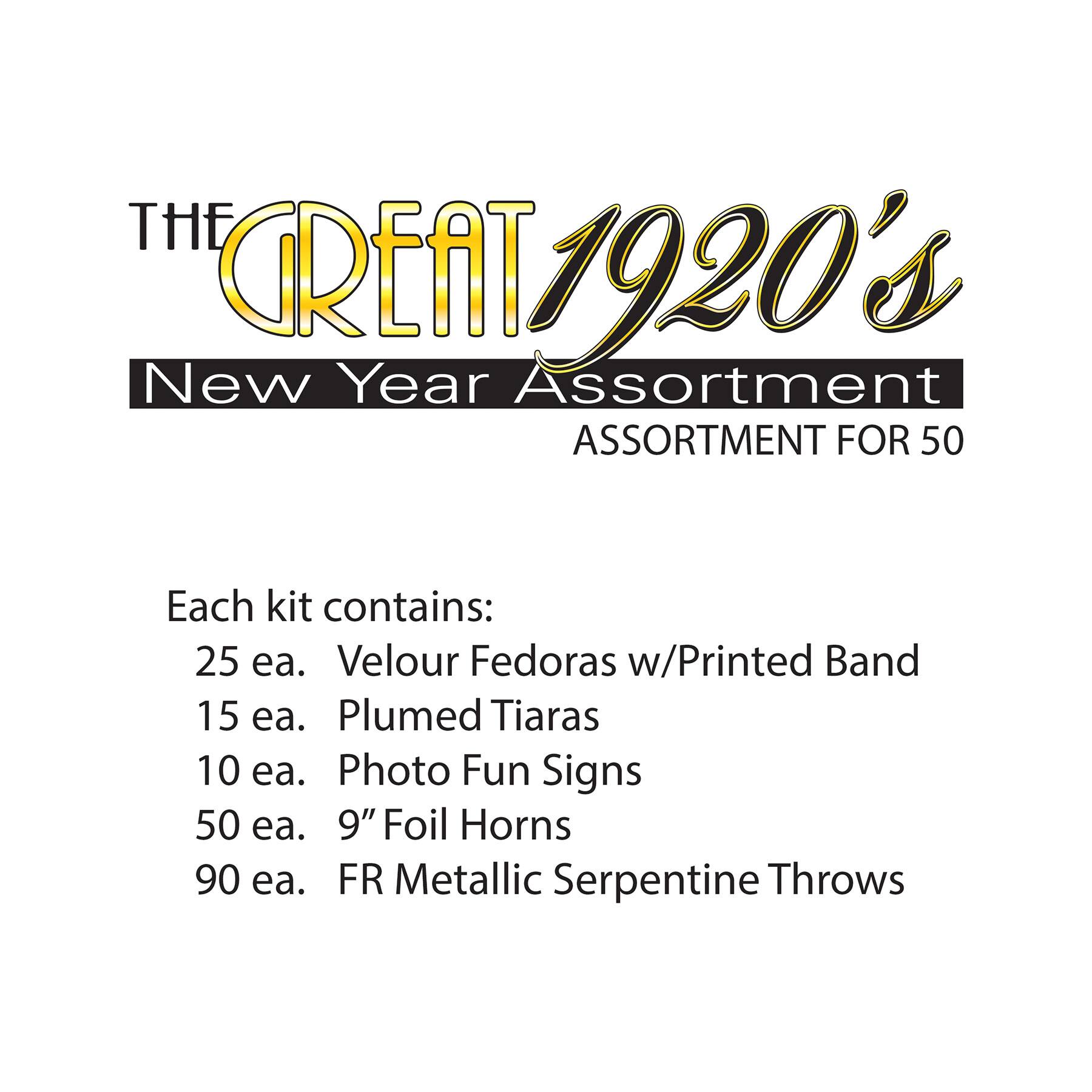 Beistle New Year 1920’s Black & Gold Hats, Tiaras, Horns & Serpentine Kit