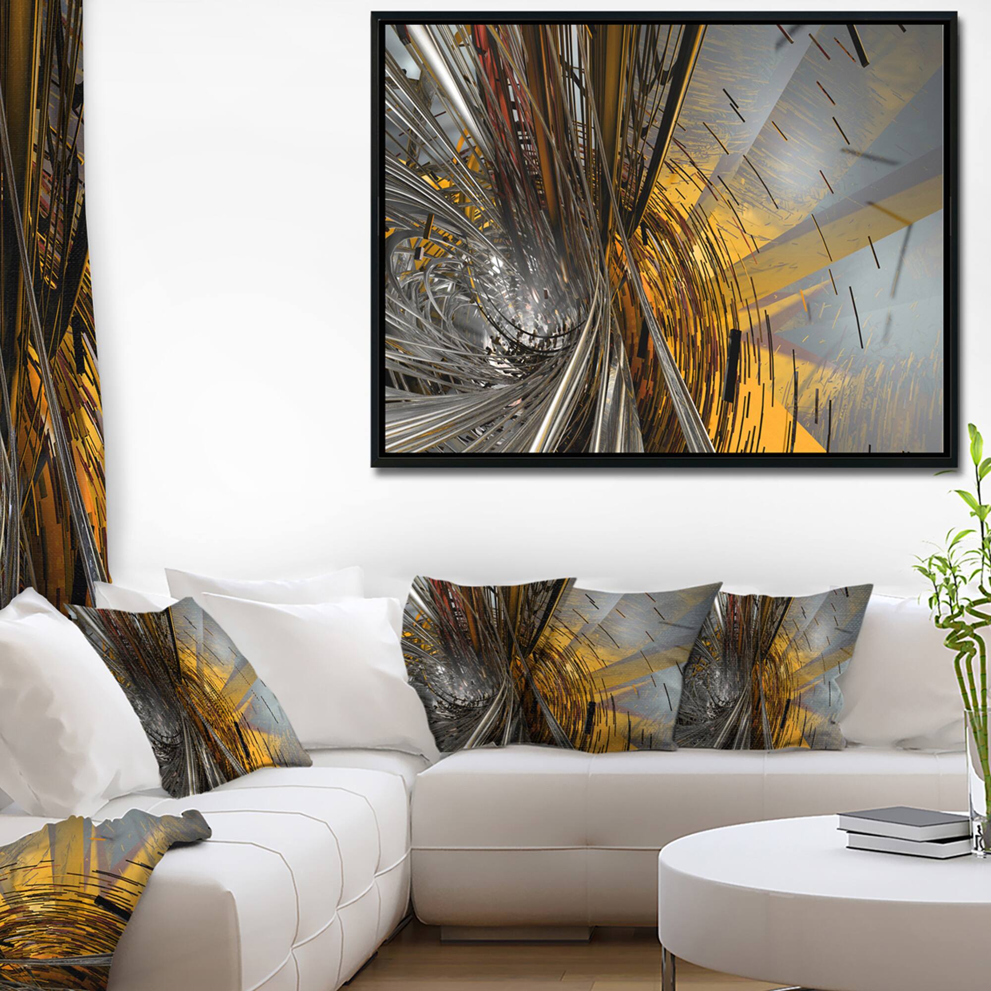 Designart - Fractal Yellow Connected Stripes - Abstract Canvas Art Print in Black Frame