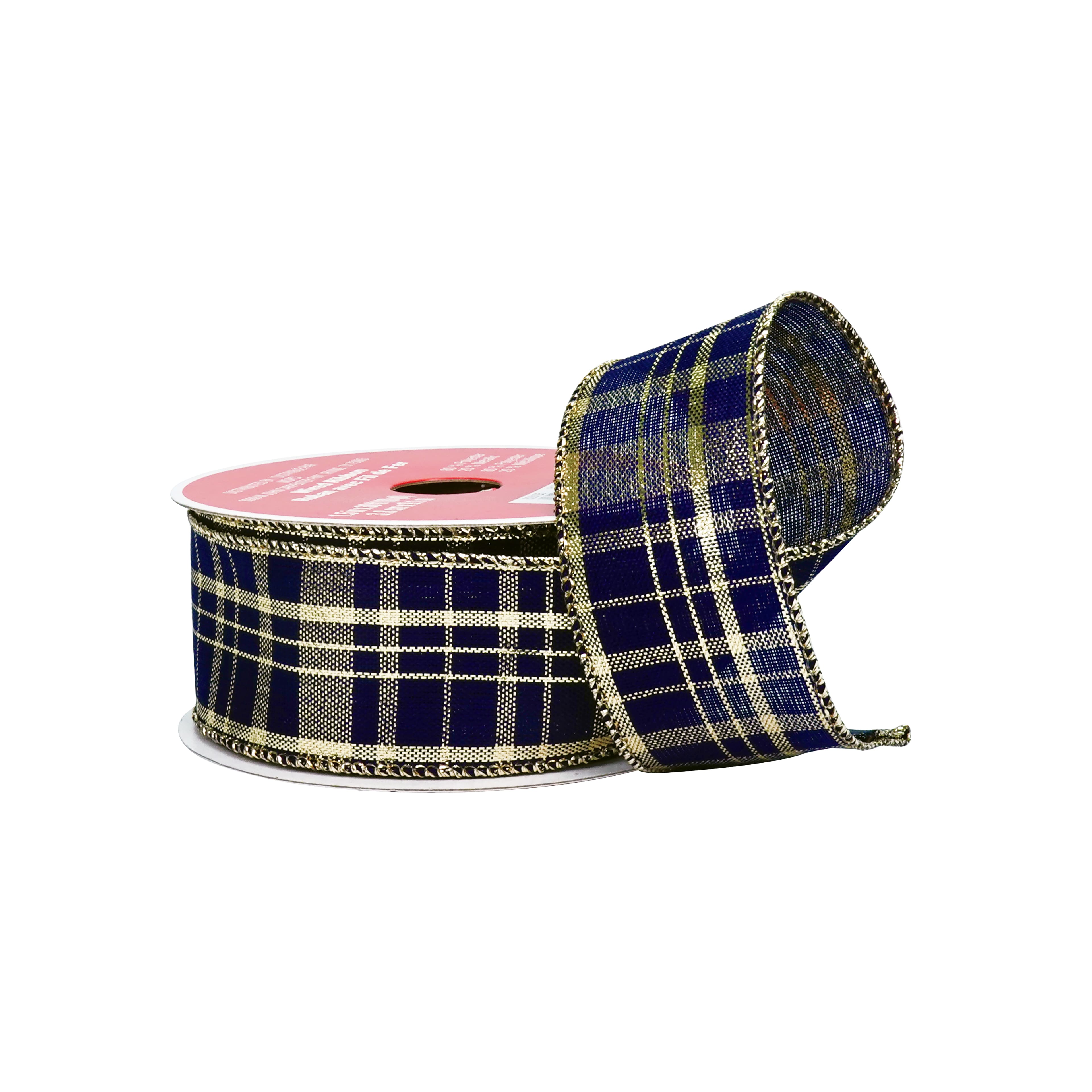 1.5" x 10yd. Navy & Gold Plaid Wired Ribbon by Celebrate It®