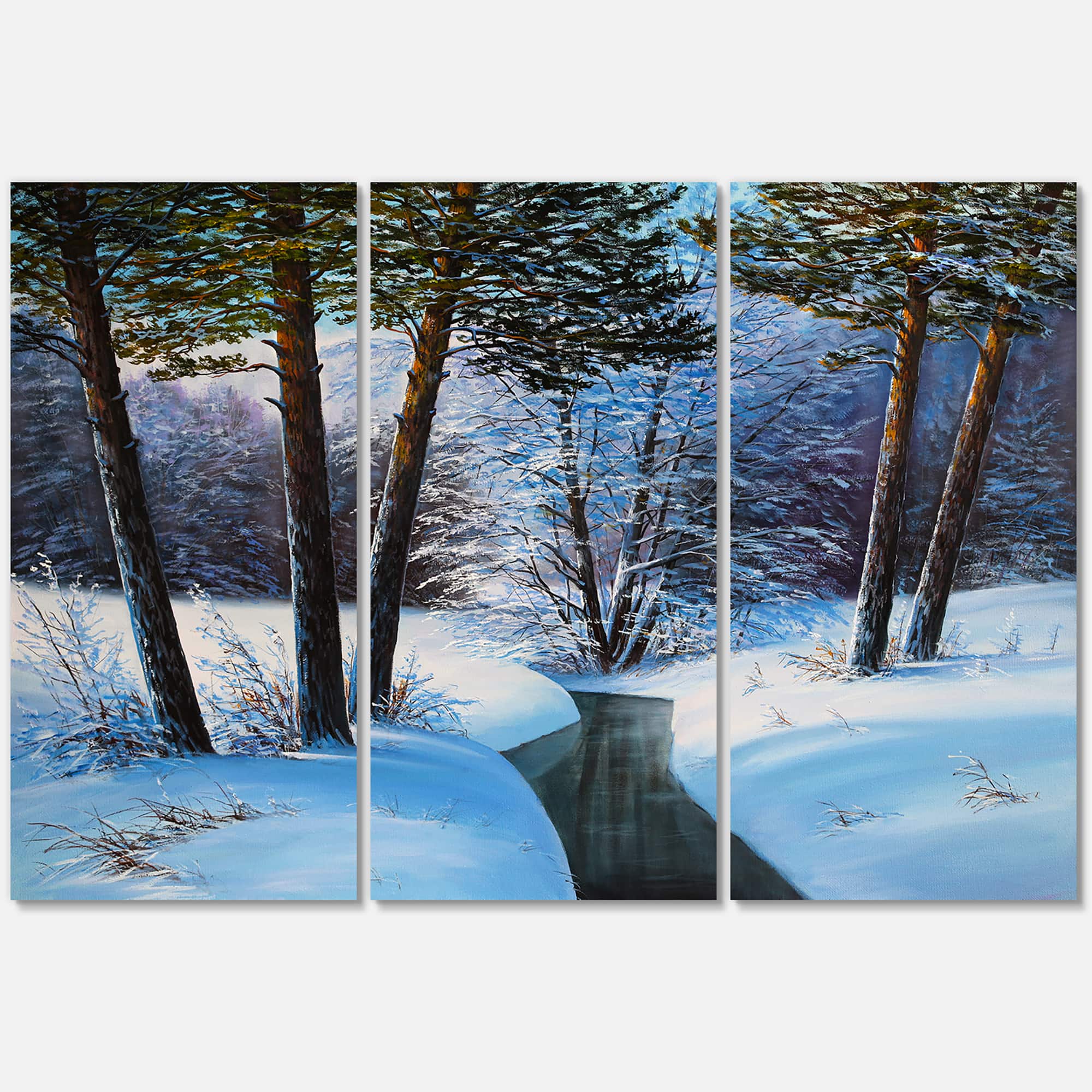 Designart - Christmas Forest With River and Trees III - Traditional Canvas Wall Art Print