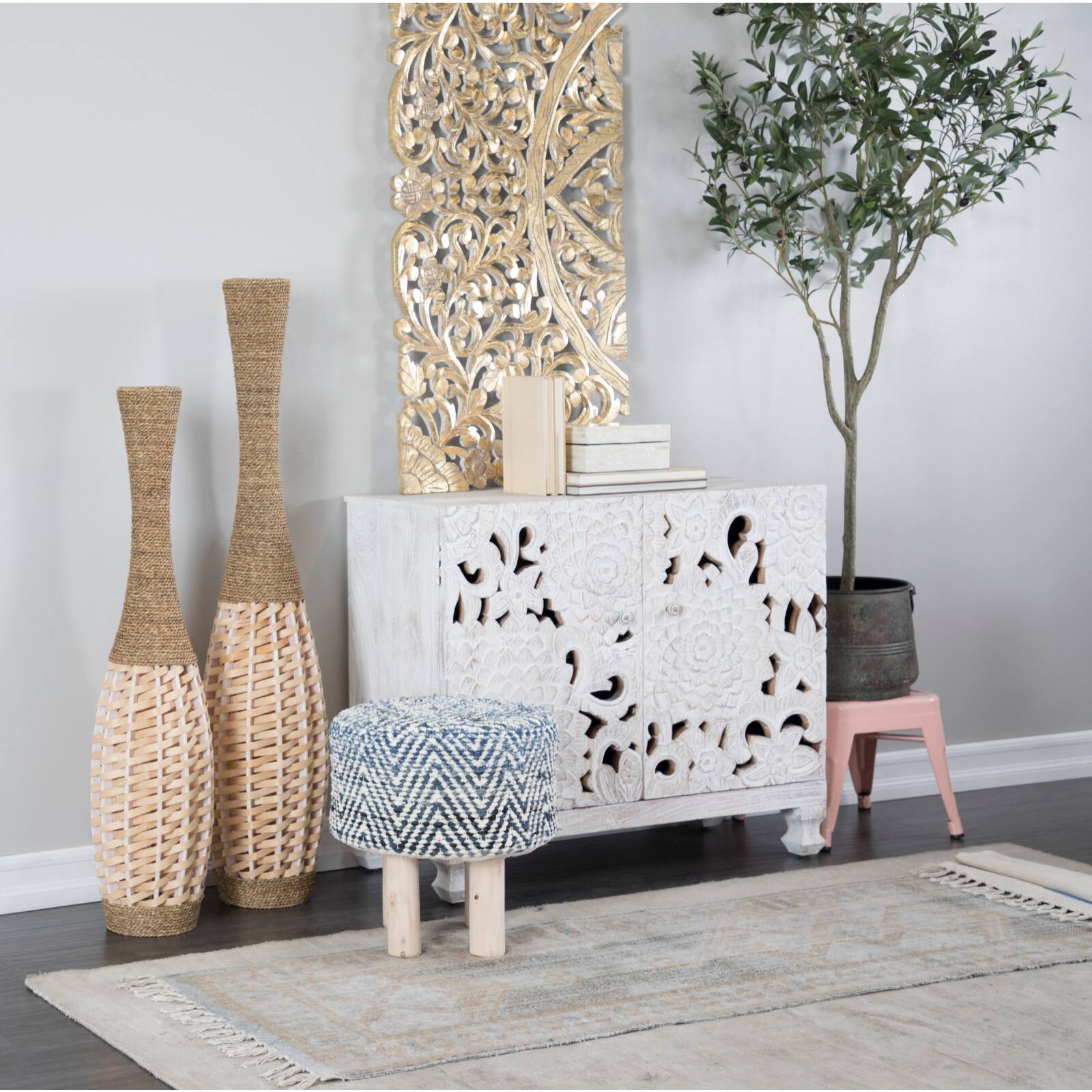 Blue Wood Bohemian Stool, 16" x 16" x 17"