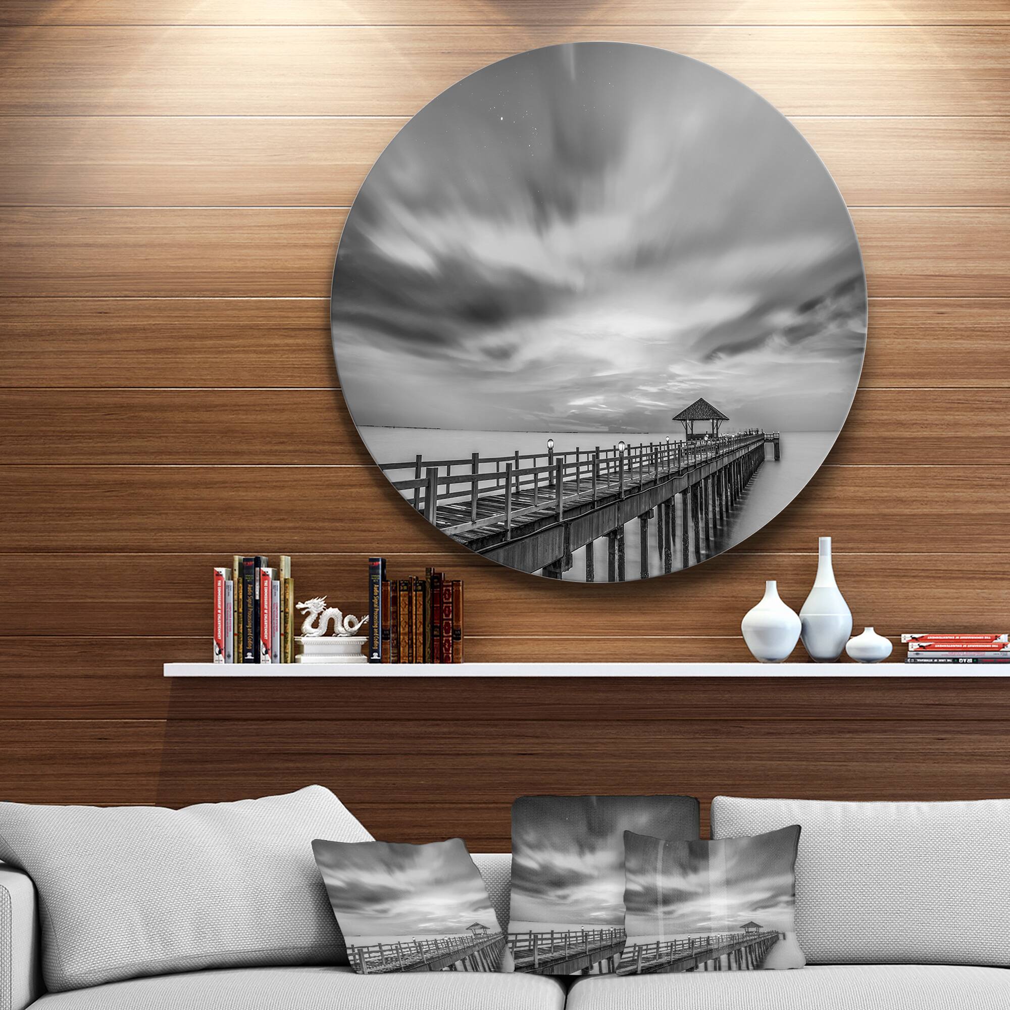 Designart - Black and White Wooden Bridge and Sky' Pier Seascape Metal Circle Wall Art
