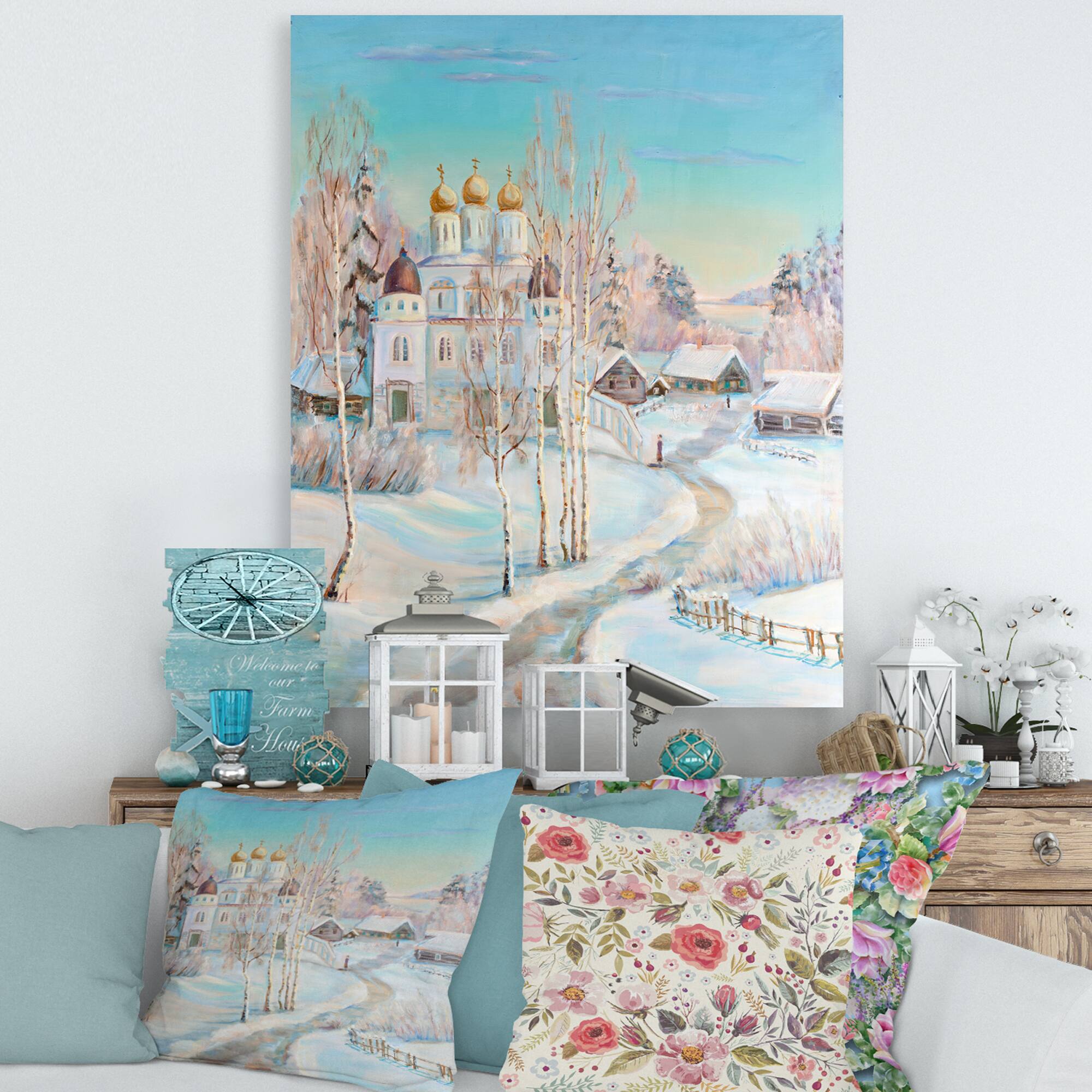 Designart - Country Road In Winter Landscape With Temple - Traditional Canvas Wall Art Print