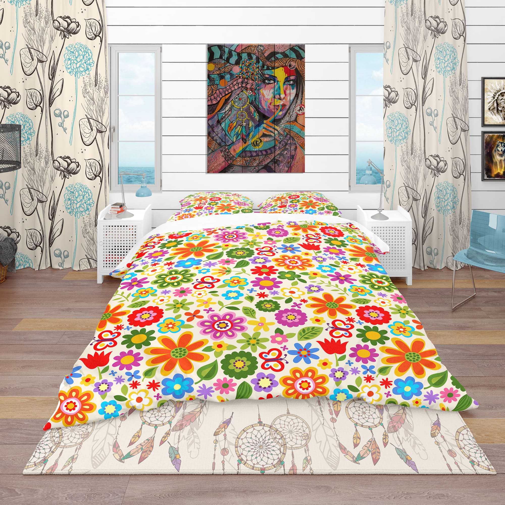 Designart 'Retro Flower Pattern' Bohemian & Eclectic Bedding Set - Duvet Cover & Shams