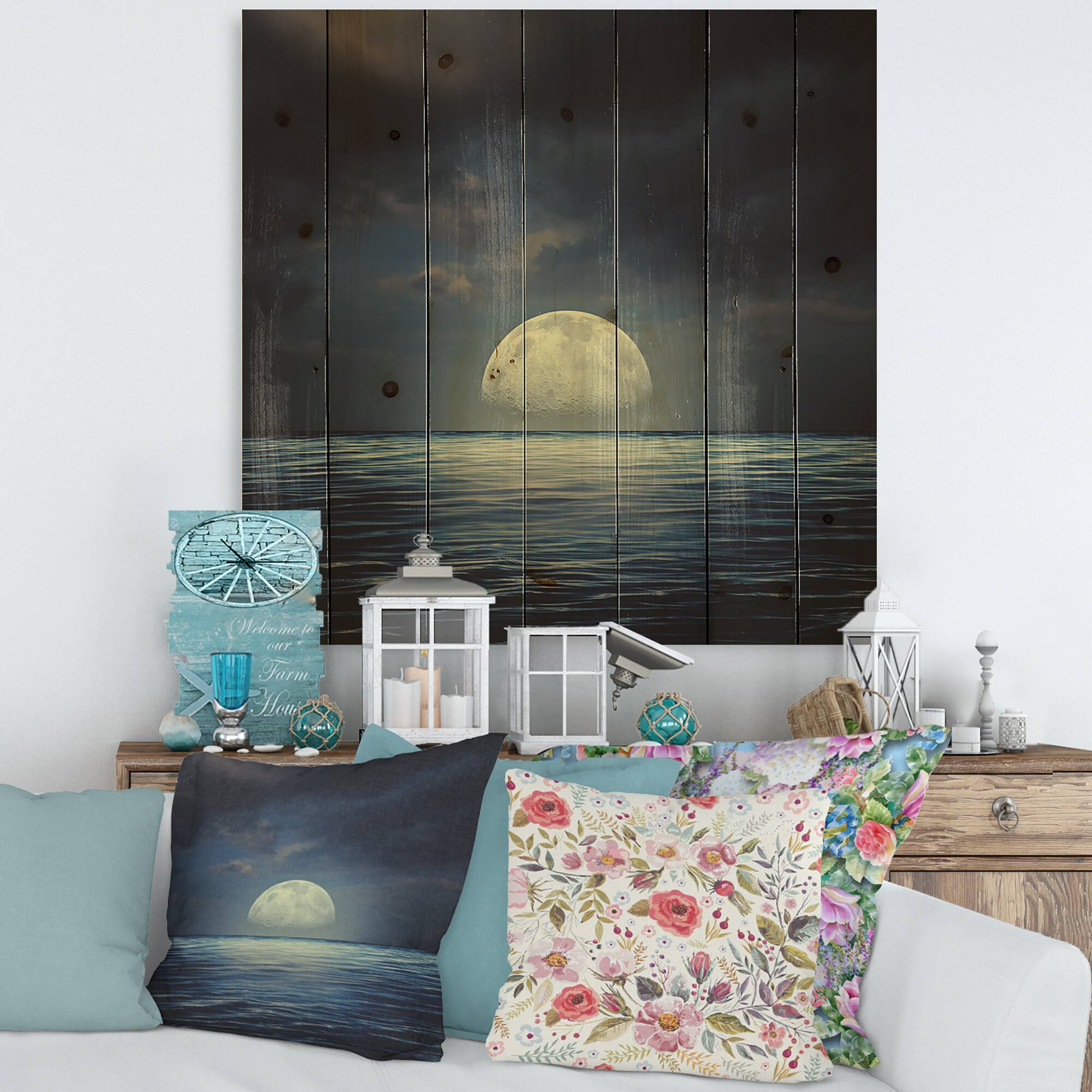 Designart - Super Moon Over The Sea II - Nautical & Coastal Print on Natural Pine Wood