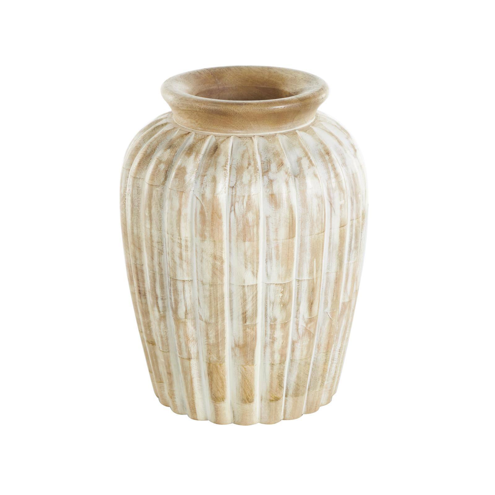 11" Light Brown Mango Wood Distressed Vase with Carved Ridges